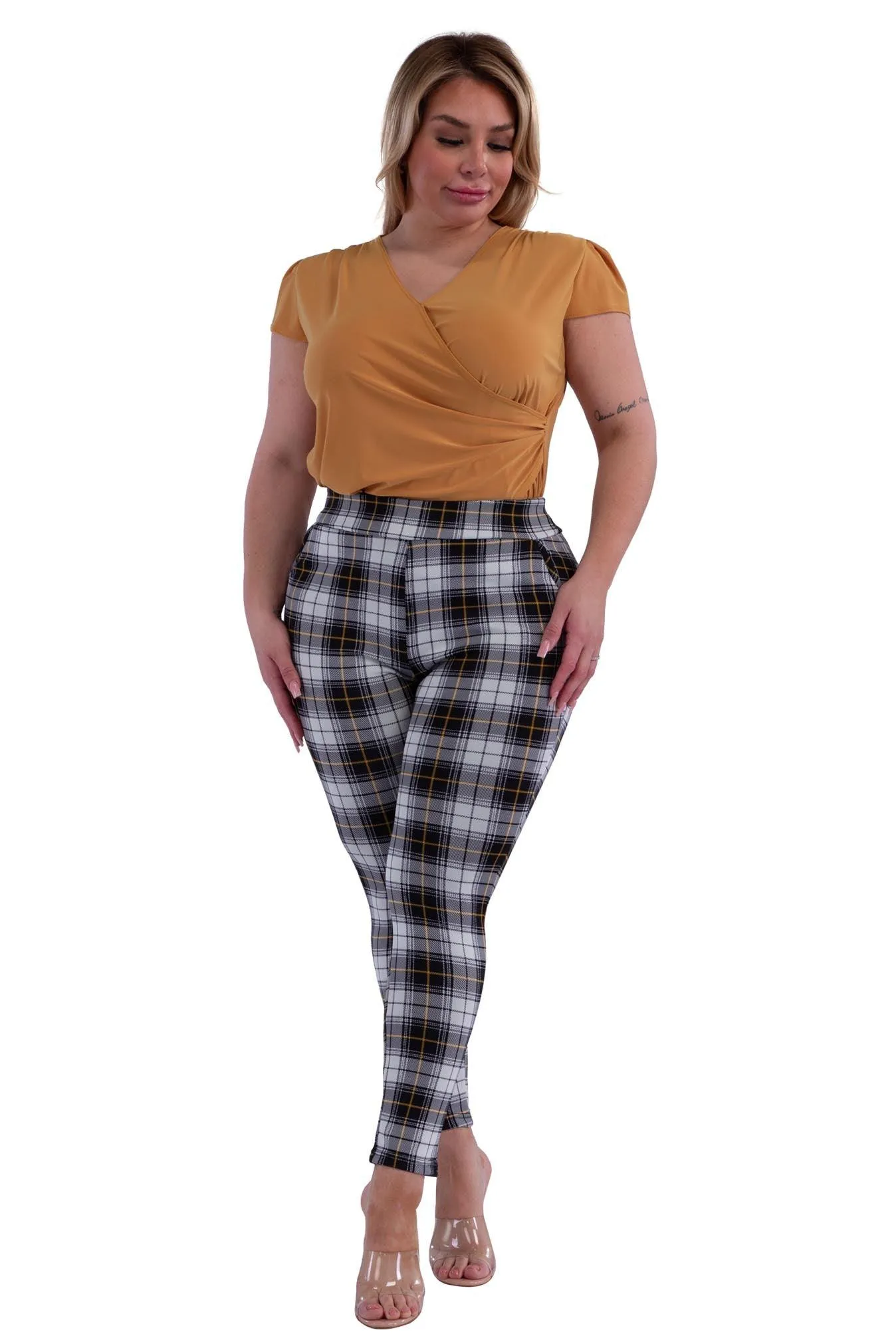 Plus Size Tummy Control Sculpting Treggings - Black, White, Mustard Plaid