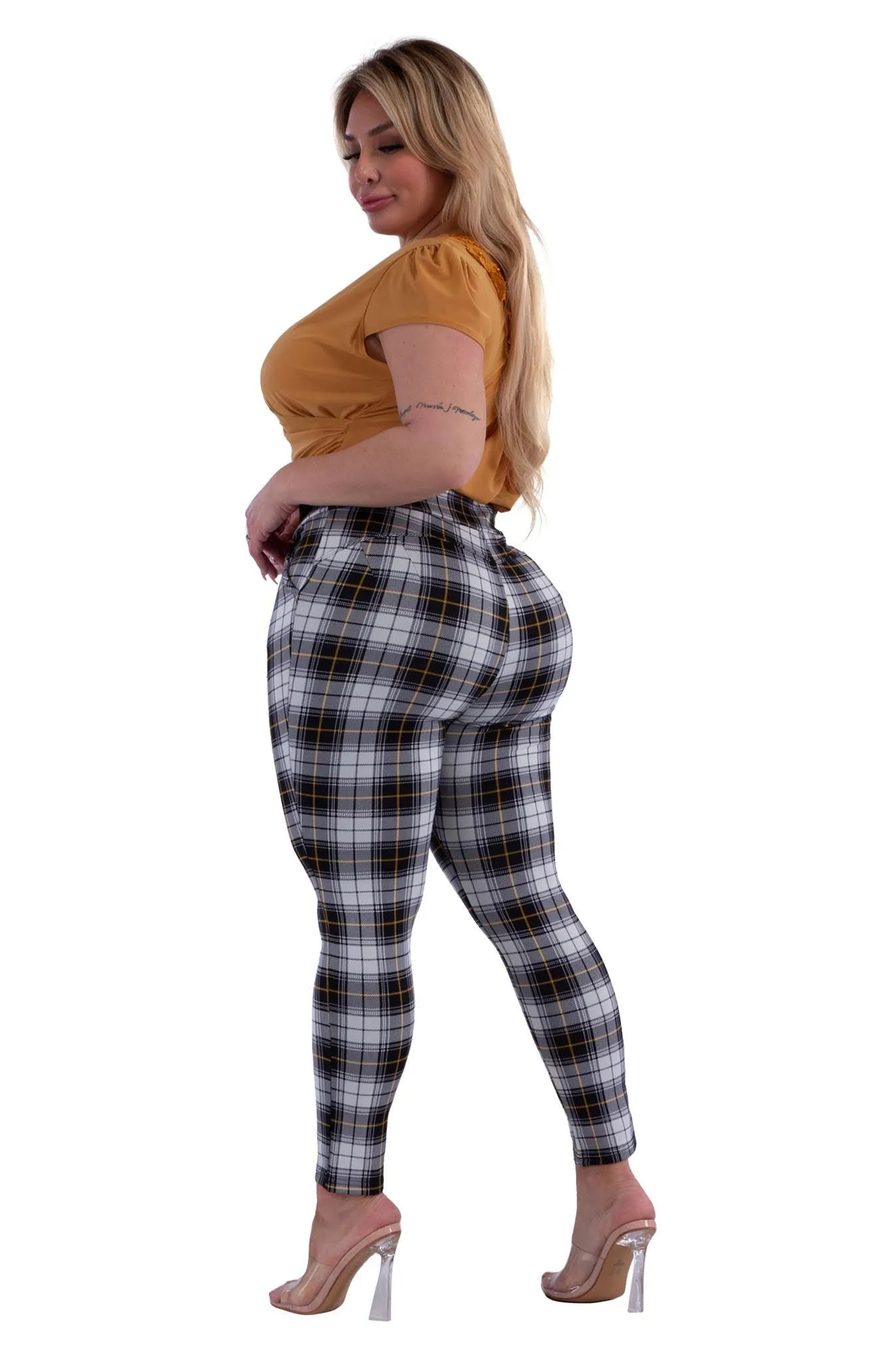 Plus Size Tummy Control Sculpting Treggings - Black, White, Mustard Plaid