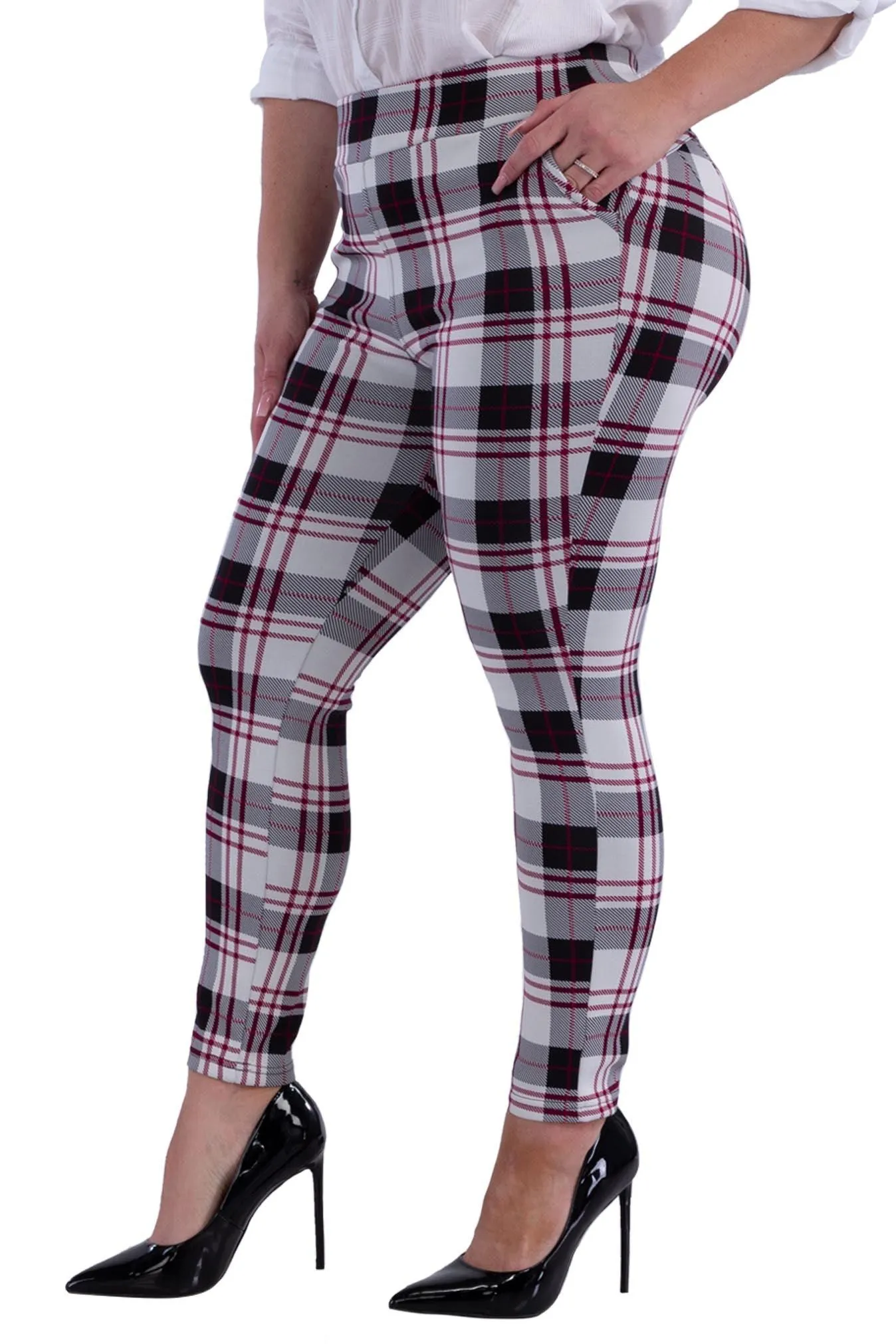 Plus Size Tummy Control Sculpting Treggings - Black, White, Red Plaid