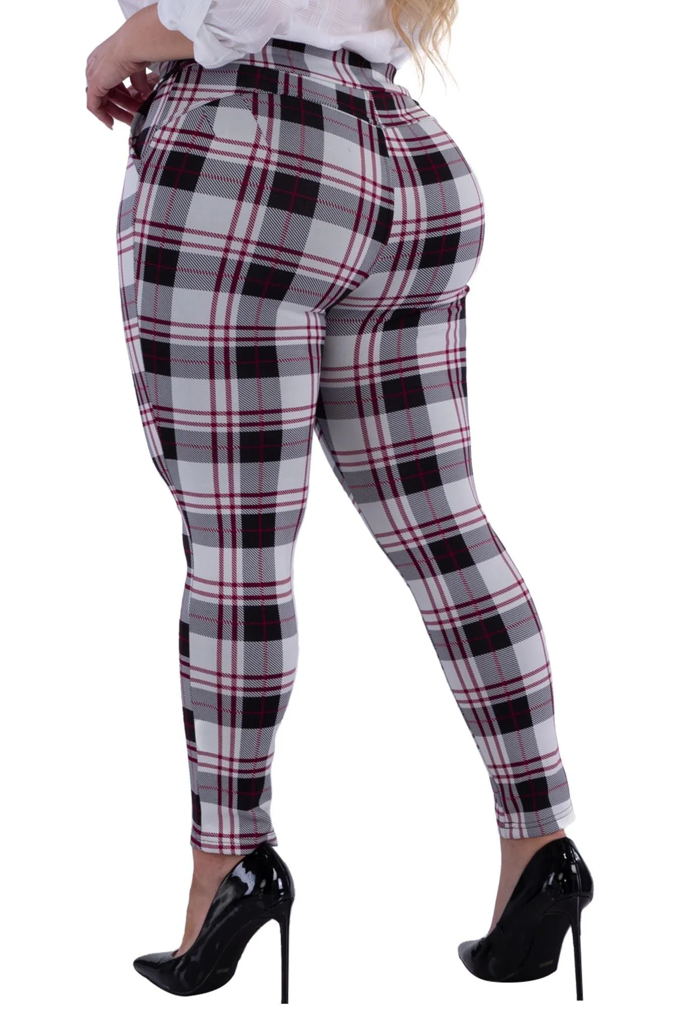 Plus Size Tummy Control Sculpting Treggings - Black, White, Red Plaid