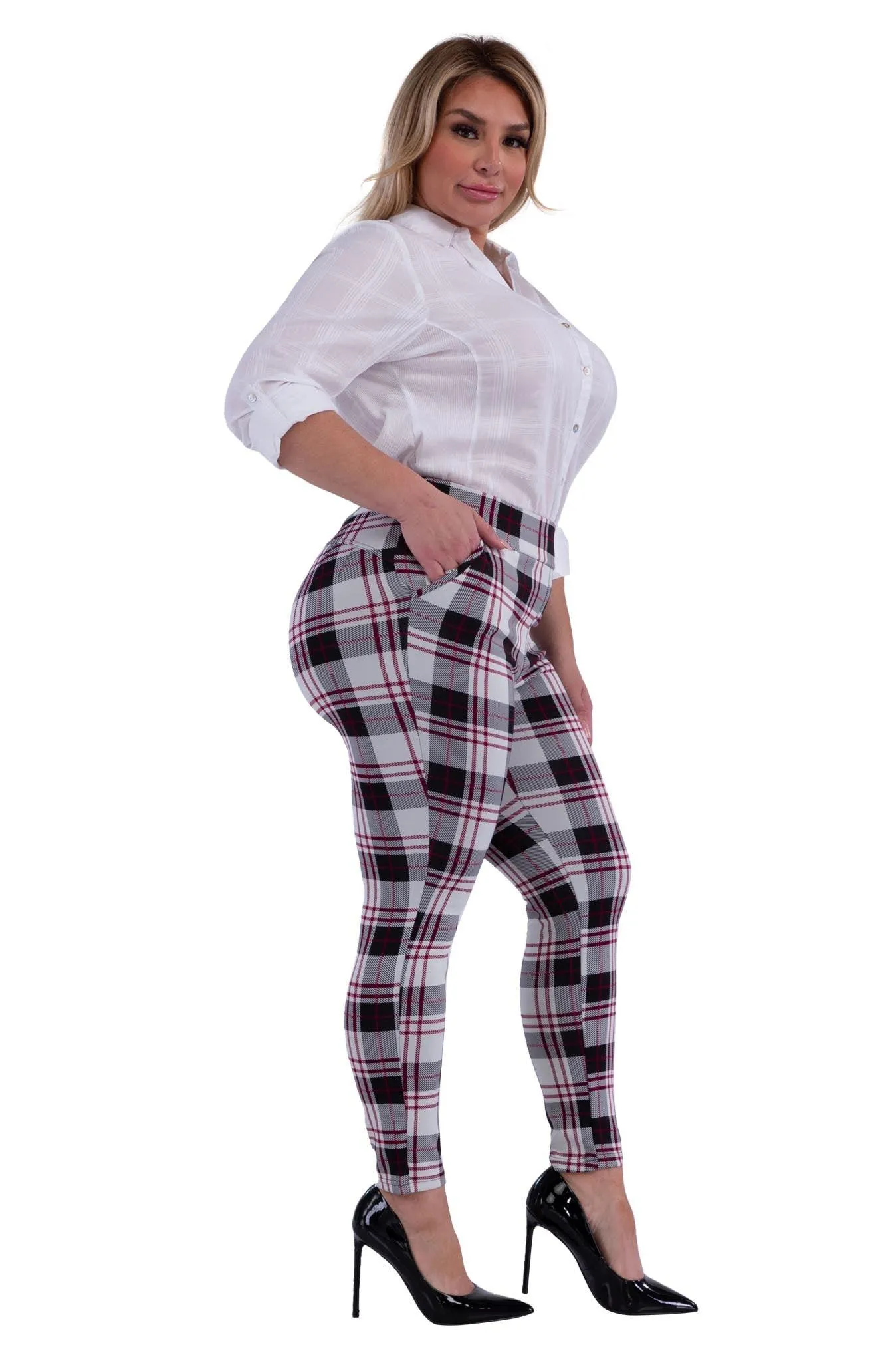 Plus Size Tummy Control Sculpting Treggings - Black, White, Red Plaid