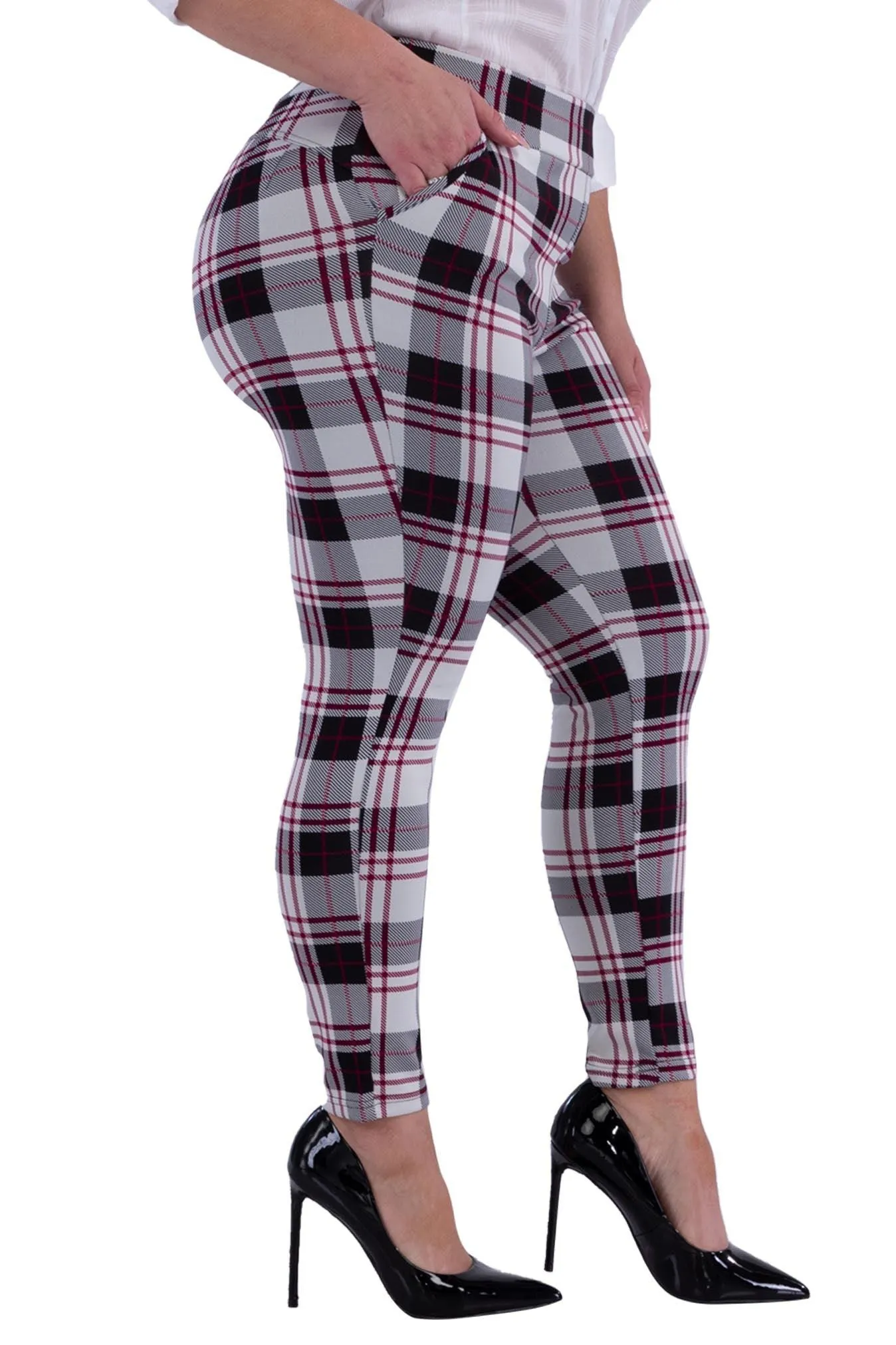 Plus Size Tummy Control Sculpting Treggings - Black, White, Red Plaid