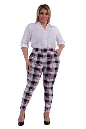 Plus Size Tummy Control Sculpting Treggings - Black, White, Red Plaid