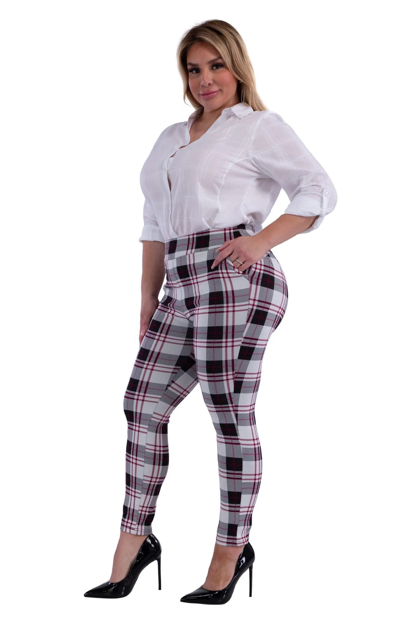 Plus Size Tummy Control Sculpting Treggings - Black, White, Red Plaid