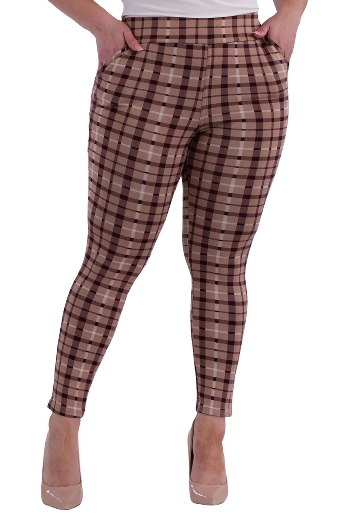 Plus Size Tummy Control Sculpting Treggings - Brown Plaid