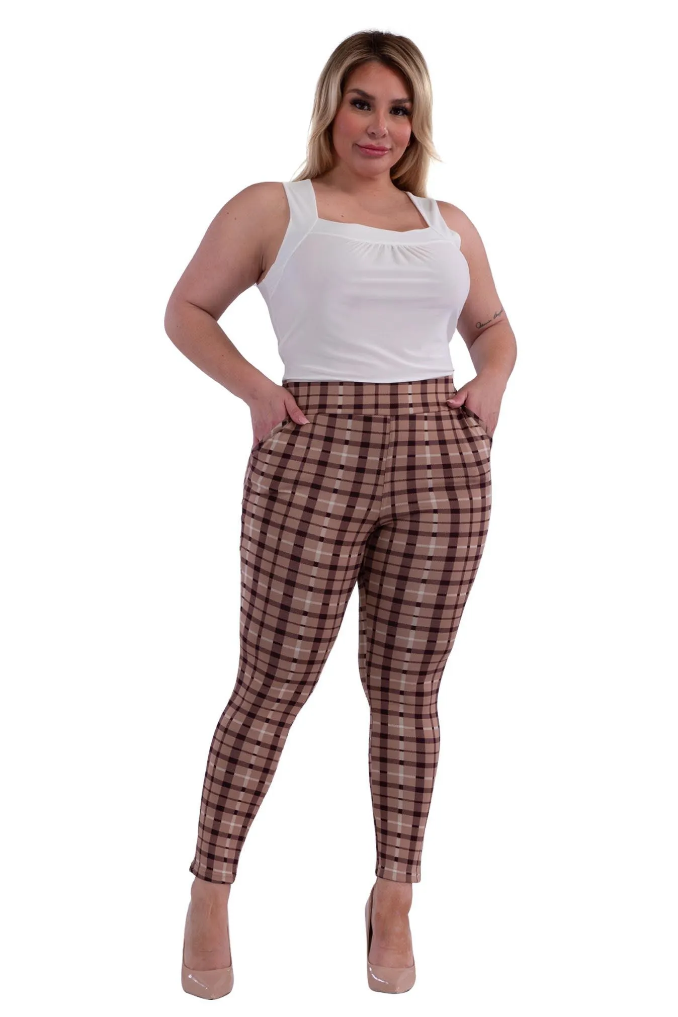 Plus Size Tummy Control Sculpting Treggings - Brown Plaid