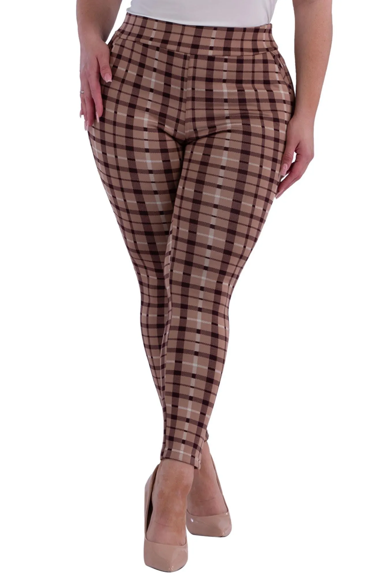 Plus Size Tummy Control Sculpting Treggings - Brown Plaid