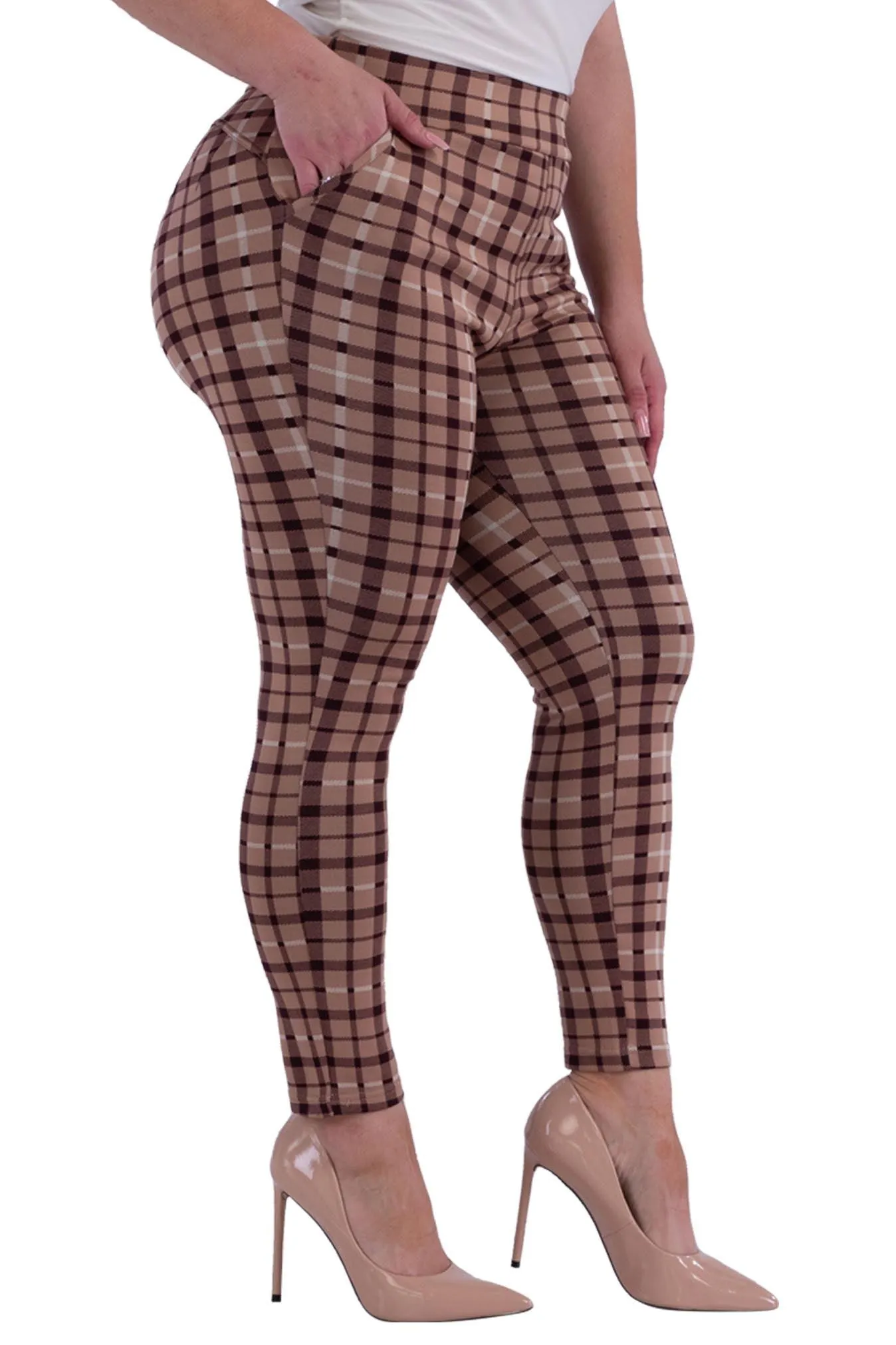 Plus Size Tummy Control Sculpting Treggings - Brown Plaid