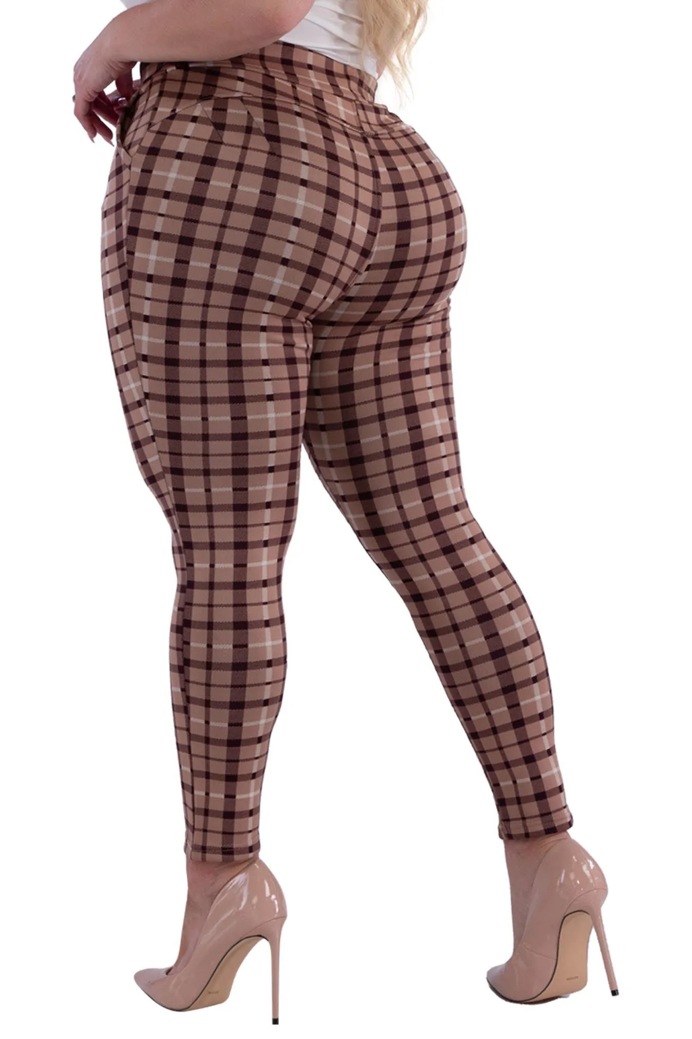 Plus Size Tummy Control Sculpting Treggings - Brown Plaid