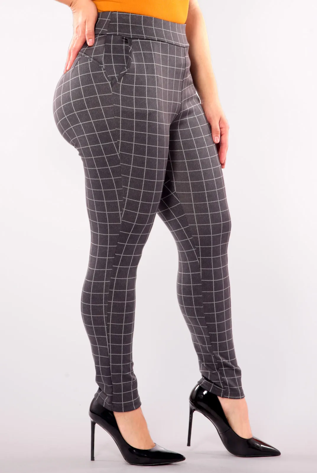 Plus Size Tummy Control Sculpting Treggings - Gray & White Plaid