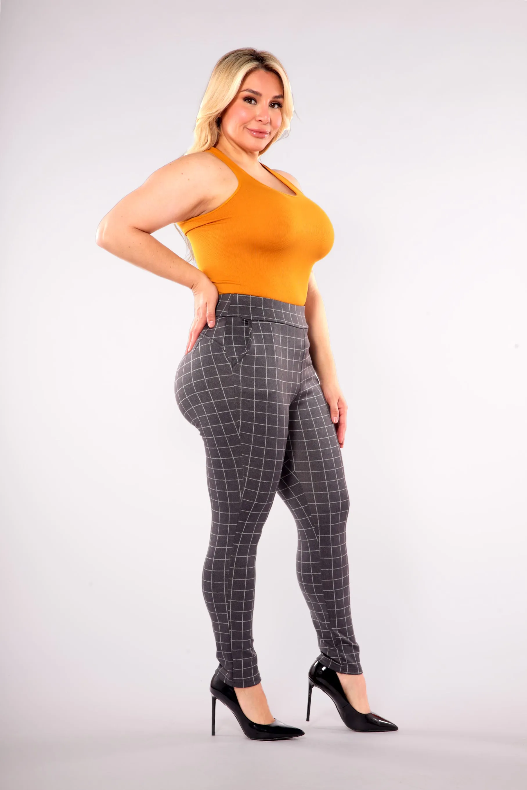 Plus Size Tummy Control Sculpting Treggings - Gray & White Plaid