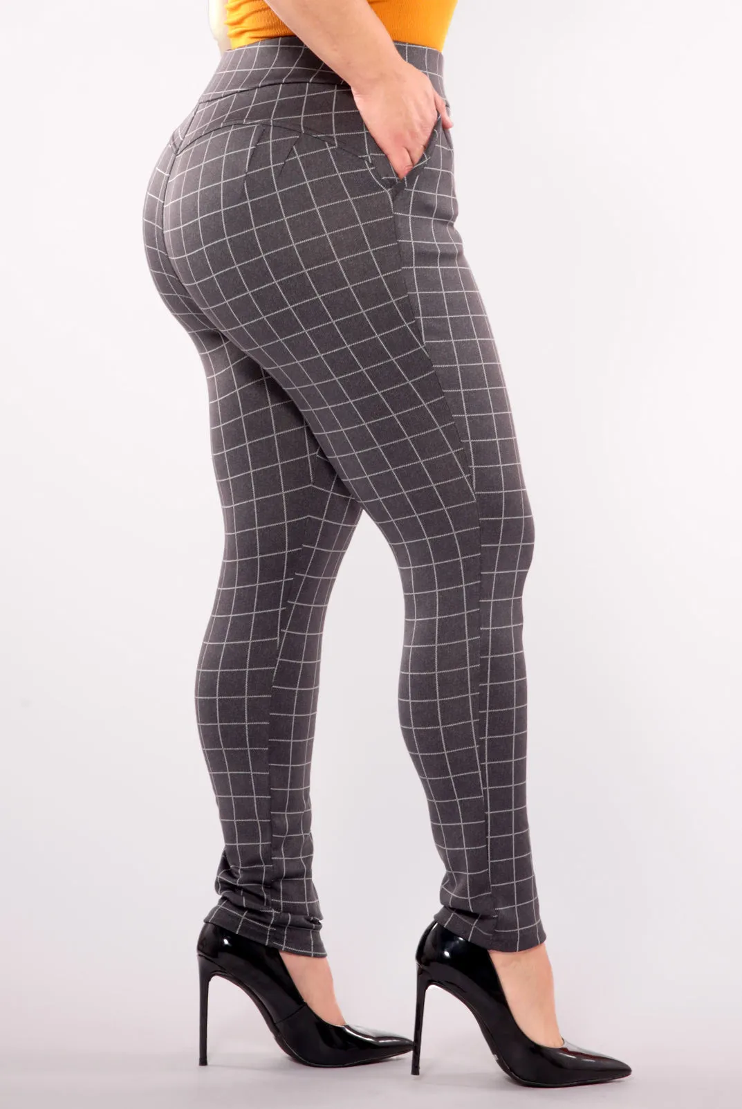 Plus Size Tummy Control Sculpting Treggings - Gray & White Plaid