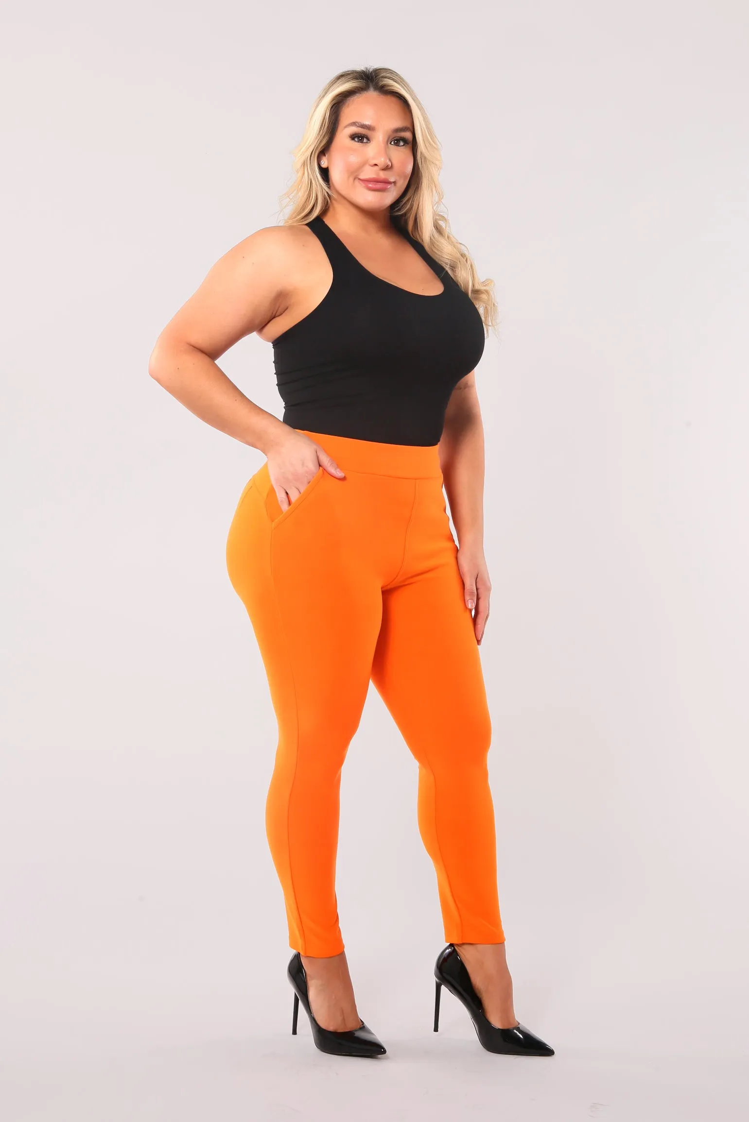 Plus Size Tummy Control Sculpting Treggings - Orange