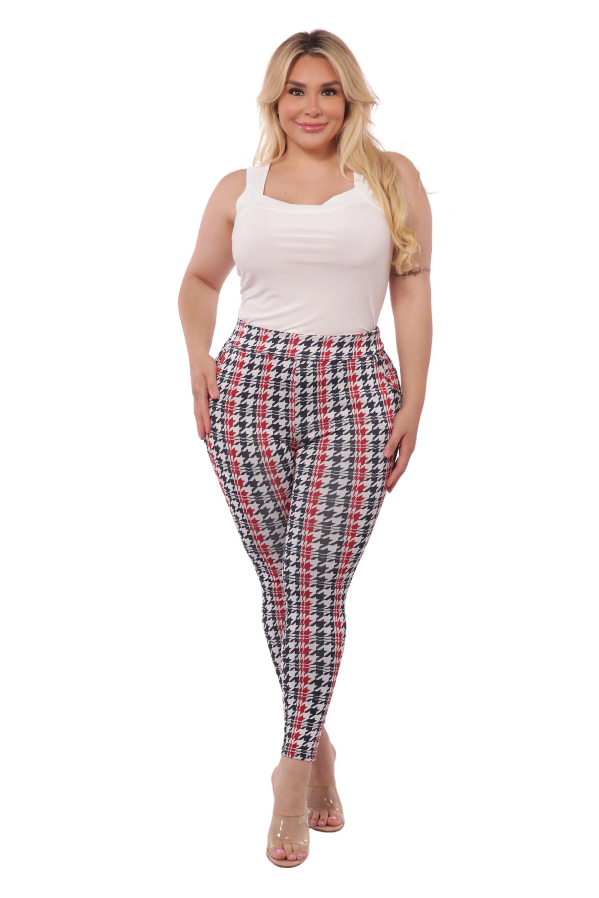 Plus Size Tummy Control Sculpting Treggings - Red, Black, White, Houndstooth