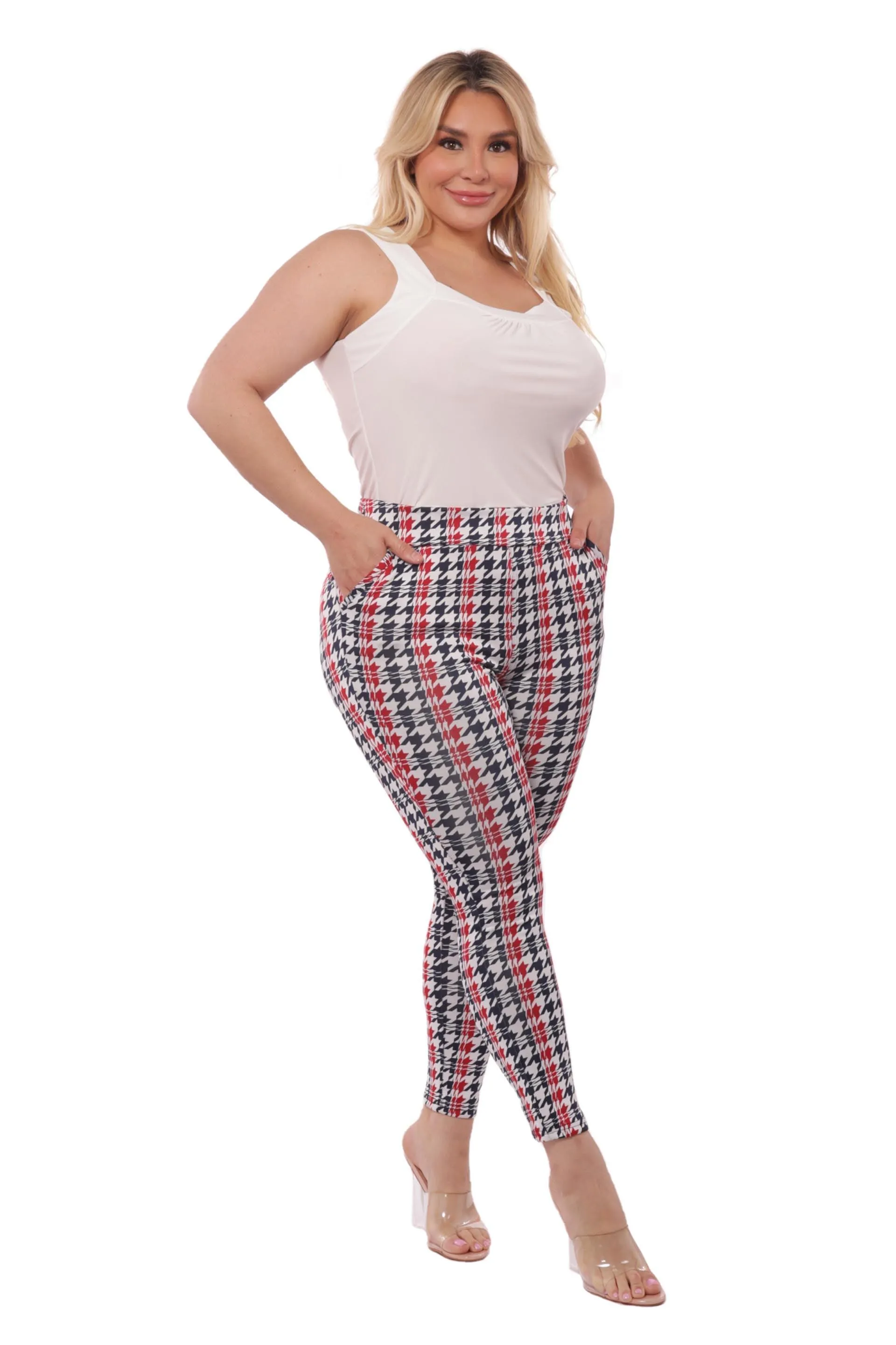 Plus Size Tummy Control Sculpting Treggings - Red, Black, White, Houndstooth