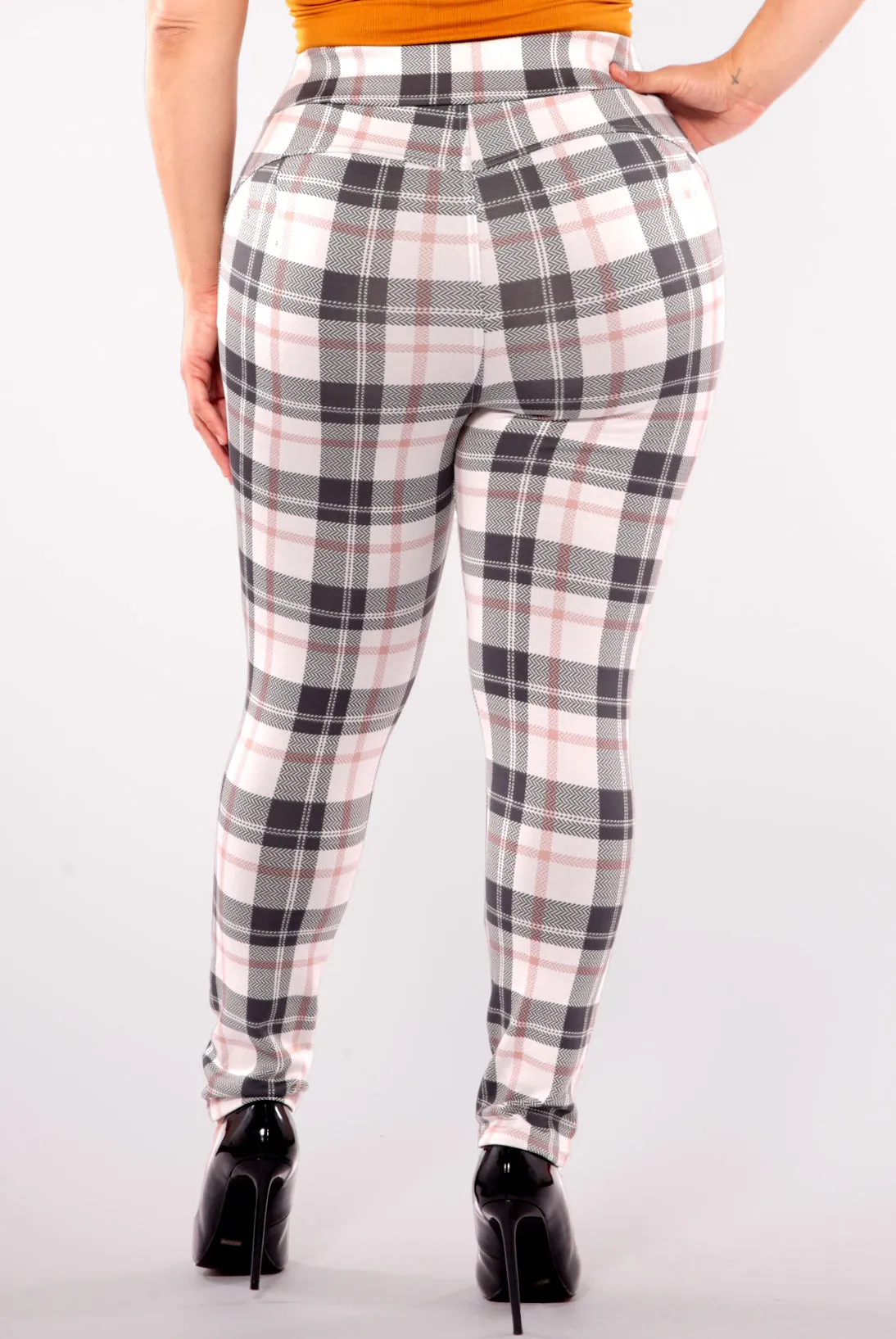 Plus Size Tummy Control Sculpting Treggings - Sage & White Plaid