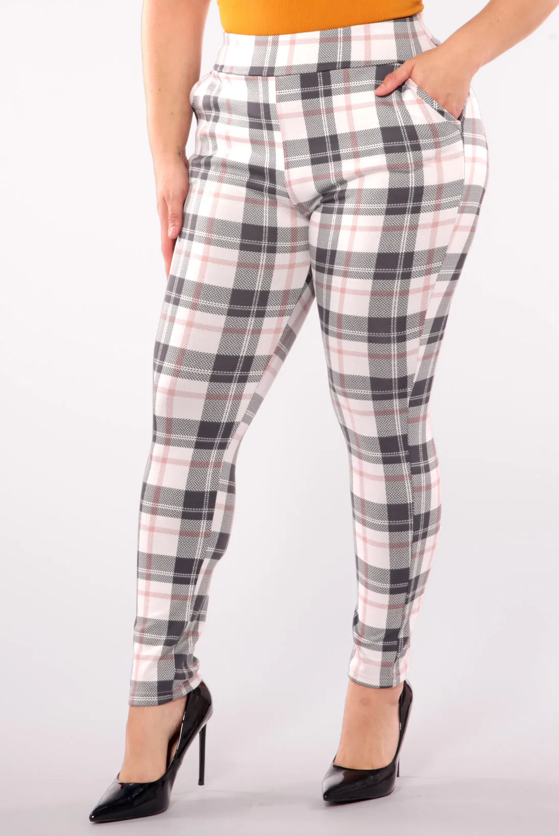 Plus Size Tummy Control Sculpting Treggings - Sage & White Plaid