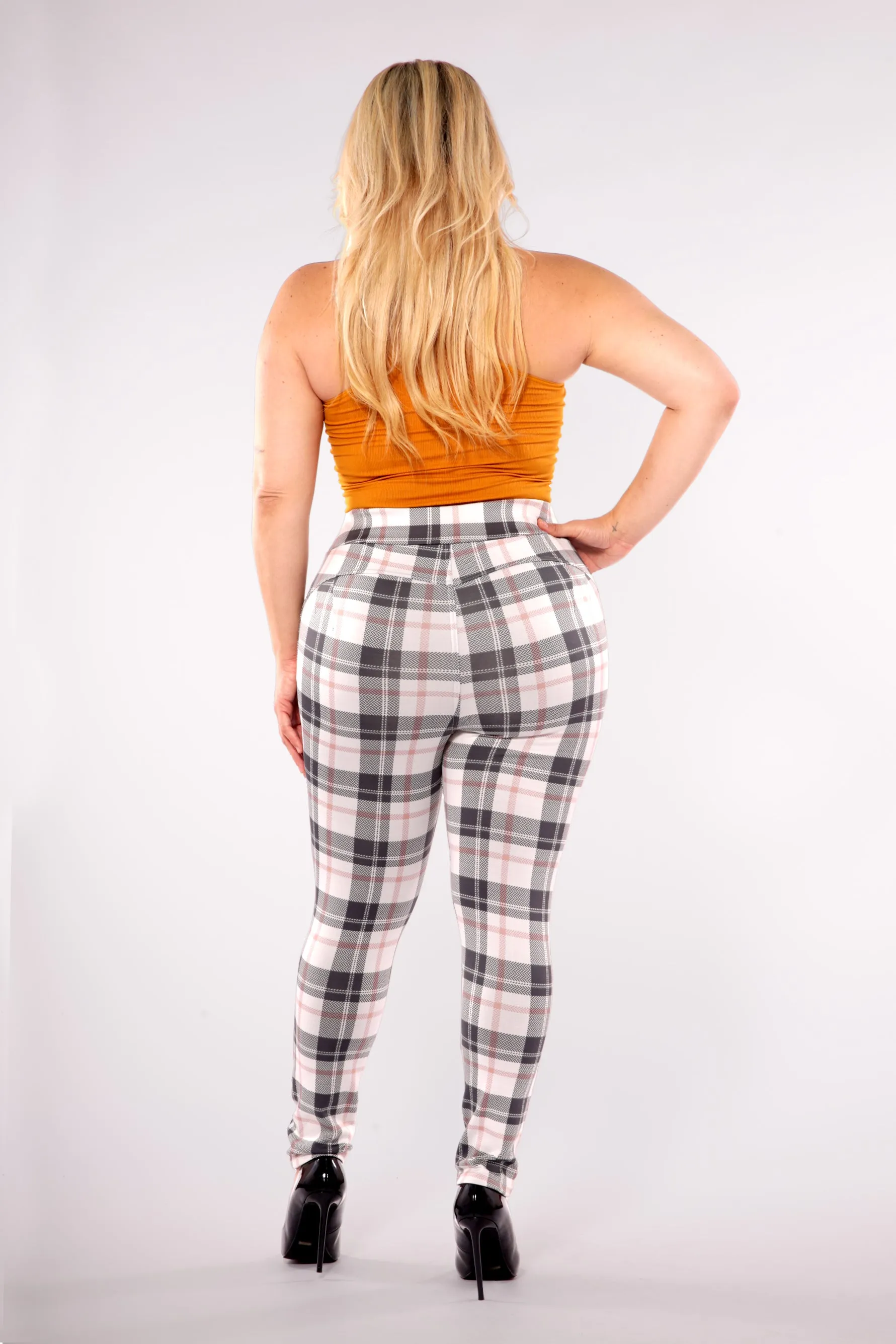 Plus Size Tummy Control Sculpting Treggings - Sage & White Plaid