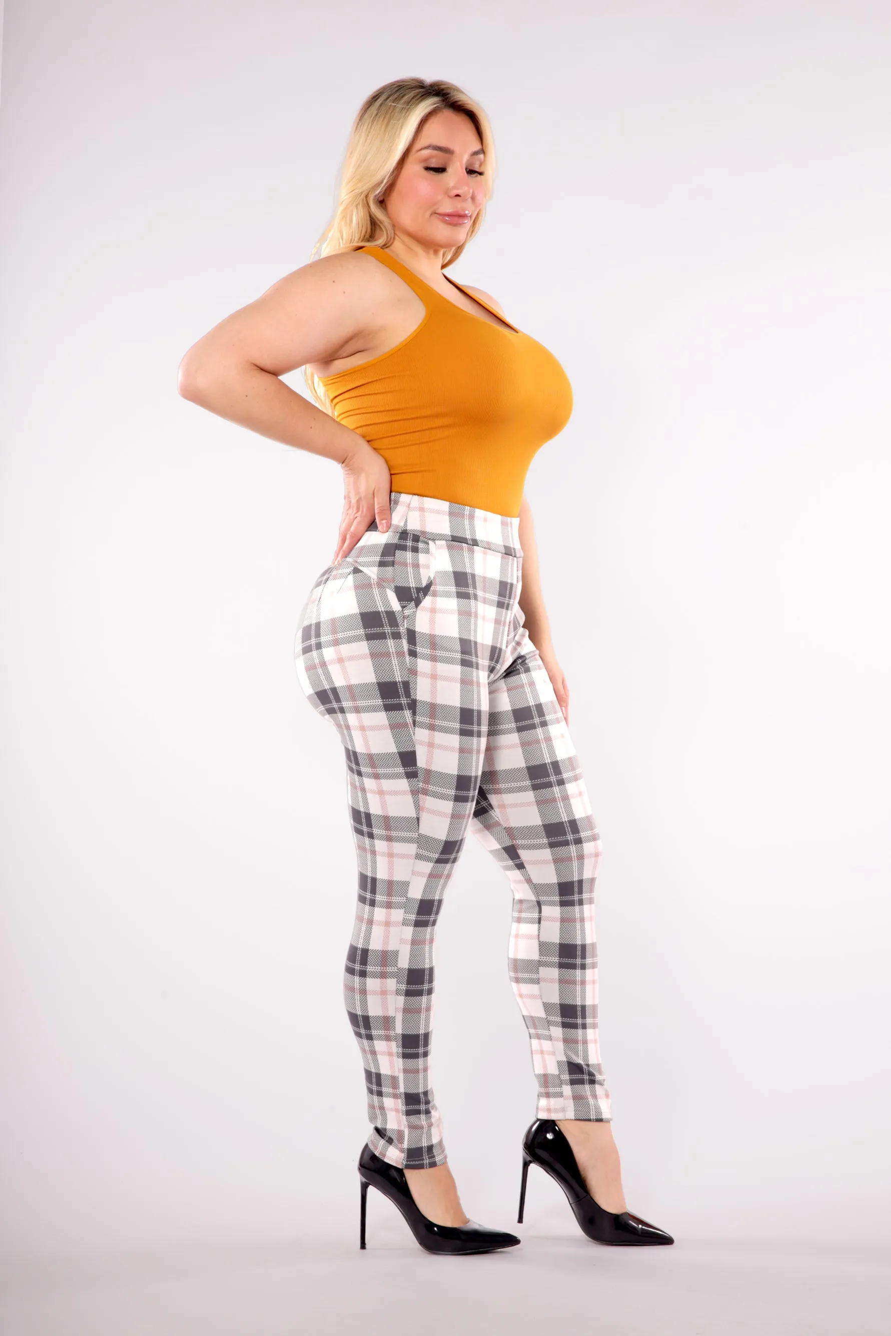 Plus Size Tummy Control Sculpting Treggings - Sage & White Plaid