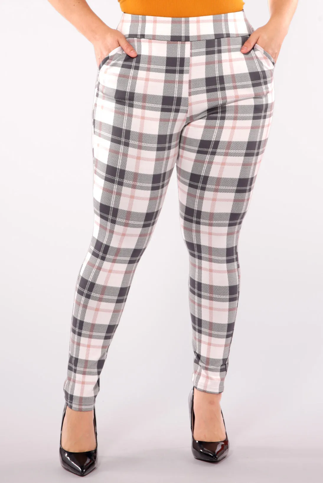 Plus Size Tummy Control Sculpting Treggings - Sage & White Plaid