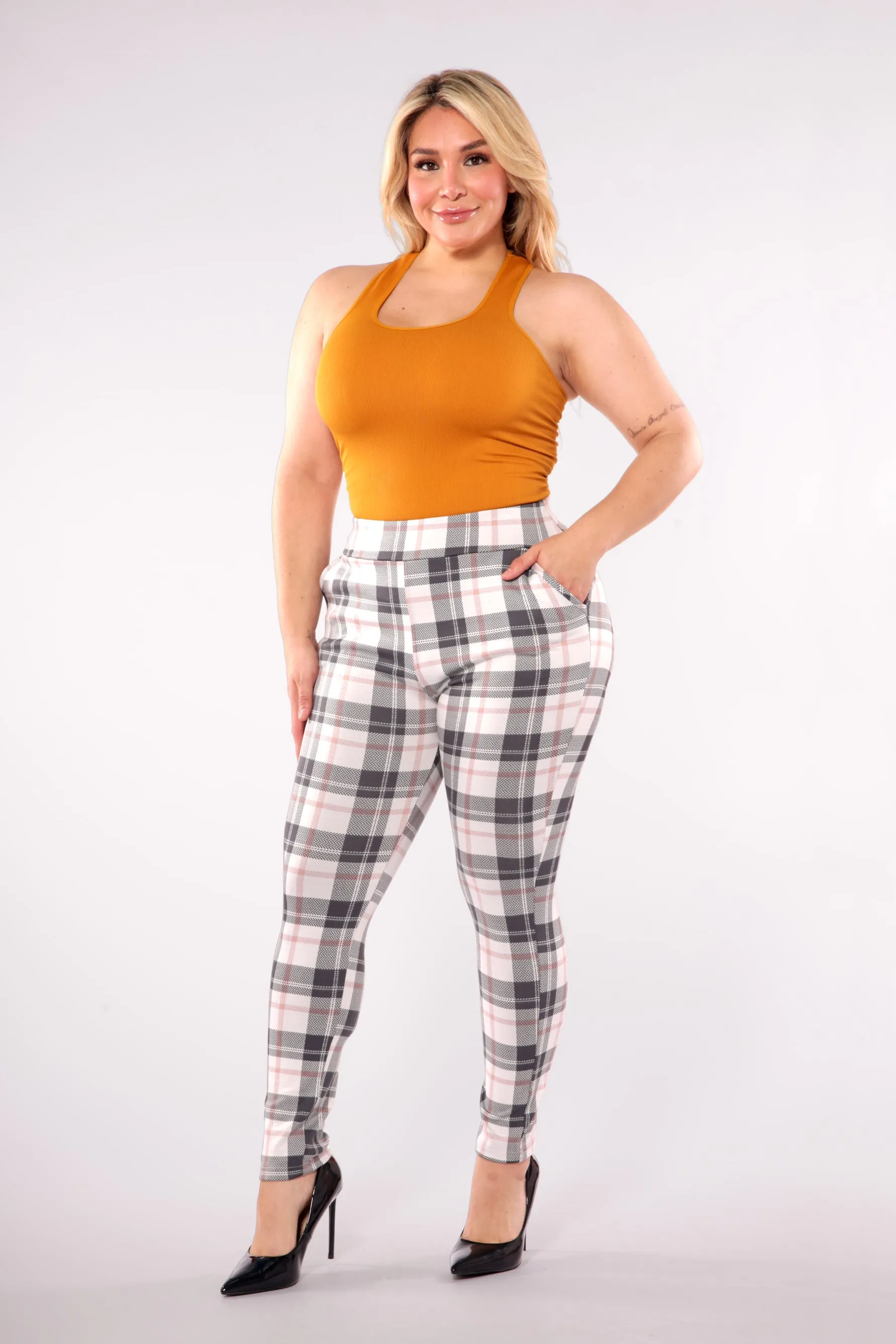 Plus Size Tummy Control Sculpting Treggings - Sage & White Plaid