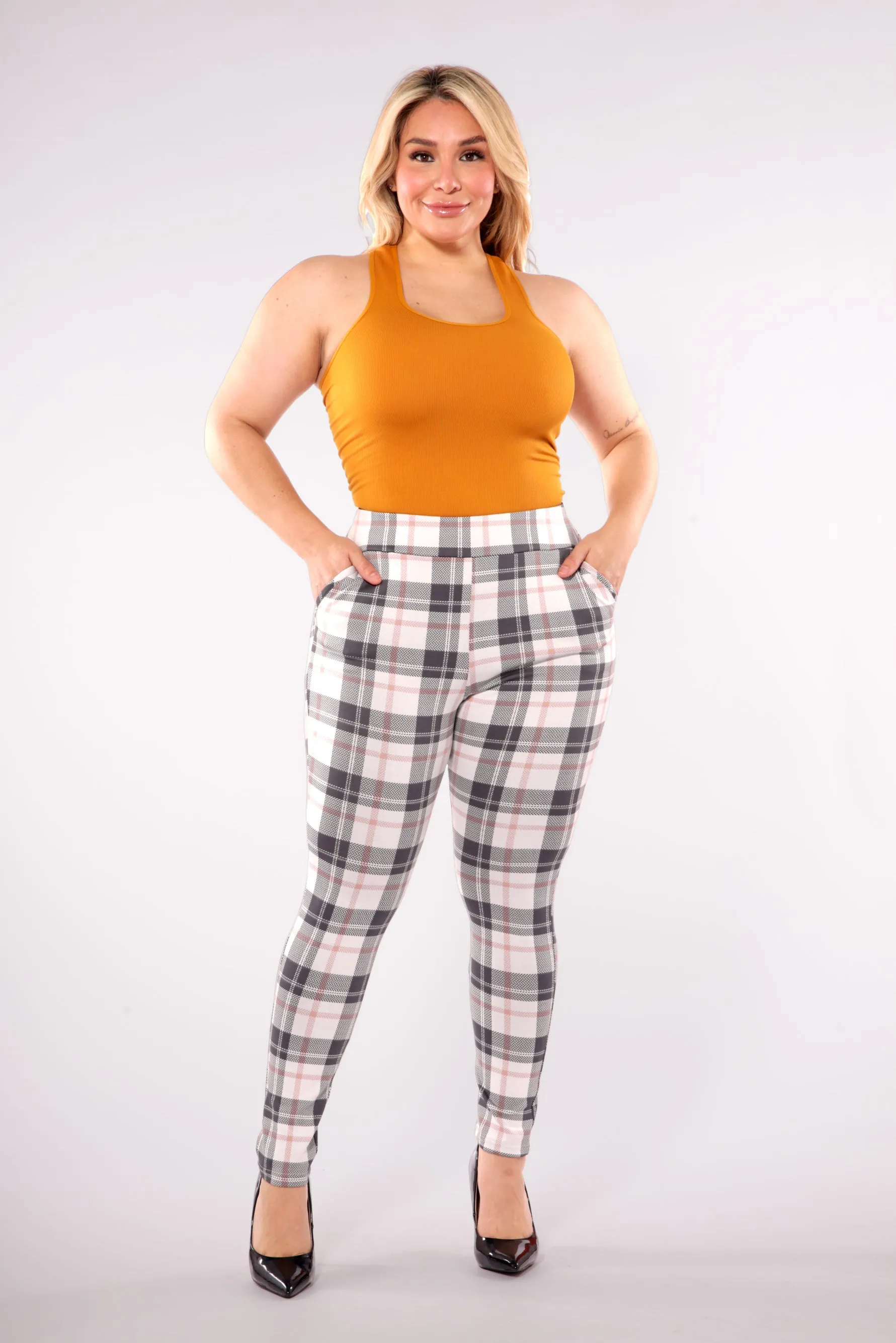 Plus Size Tummy Control Sculpting Treggings - Sage & White Plaid