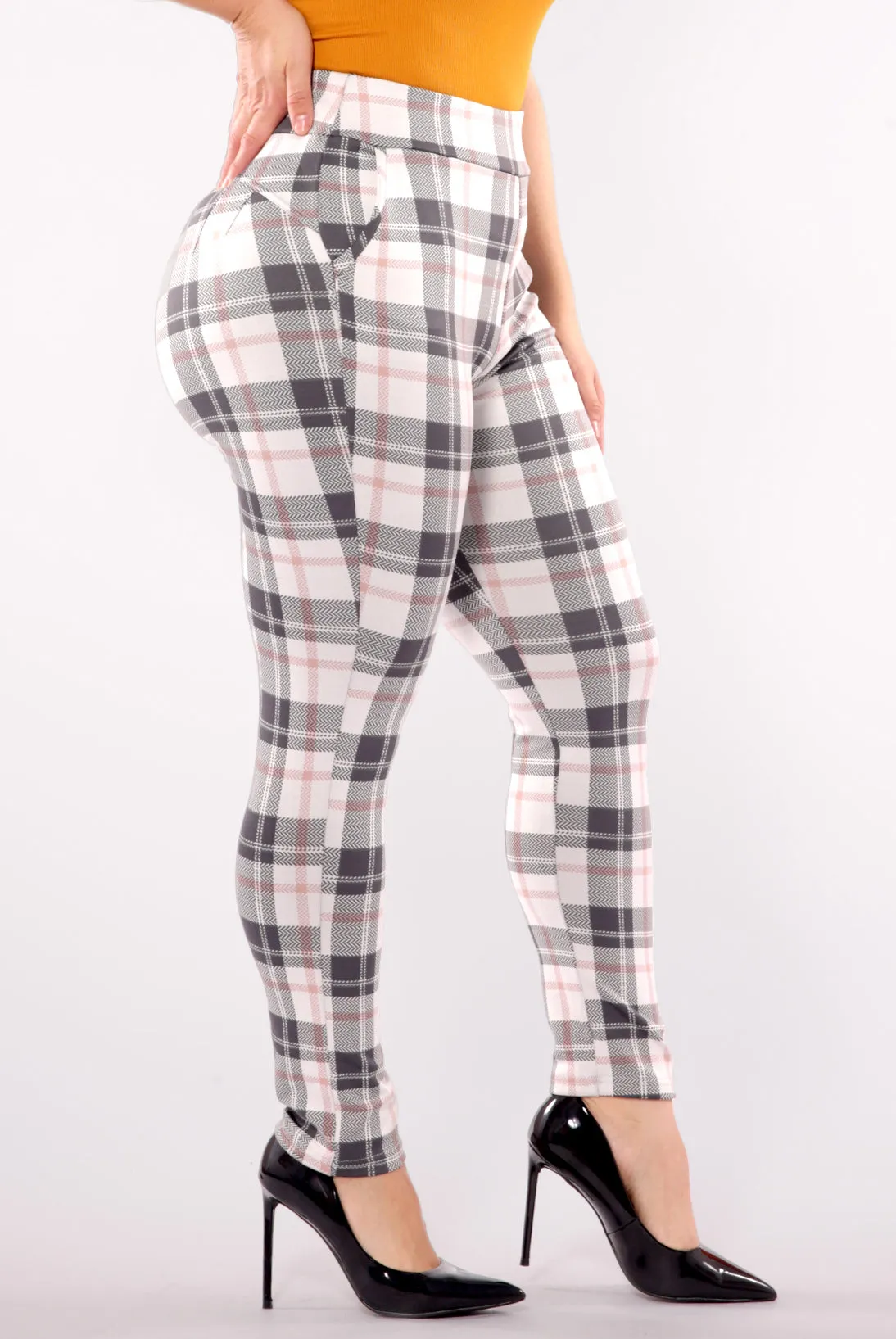 Plus Size Tummy Control Sculpting Treggings - Sage & White Plaid