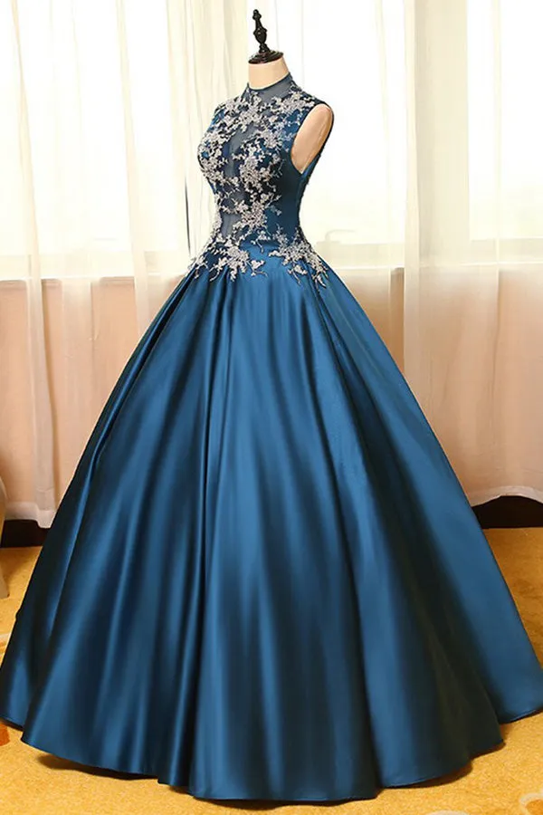 Navy Blue Ball Gown Floor Length High Neck Sleeveless Appliques Long Prom Dresses