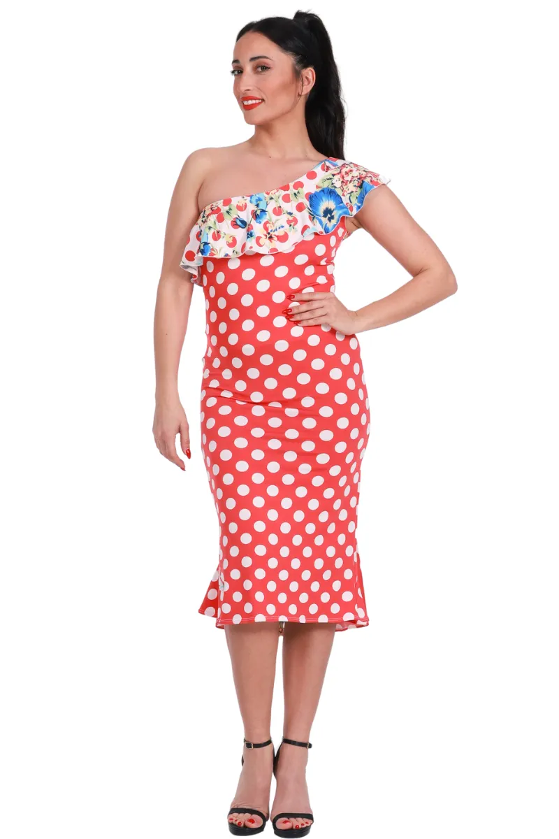 Red One-Shoulder Mermaid Polka-Dot Tango Dress With Floral Details