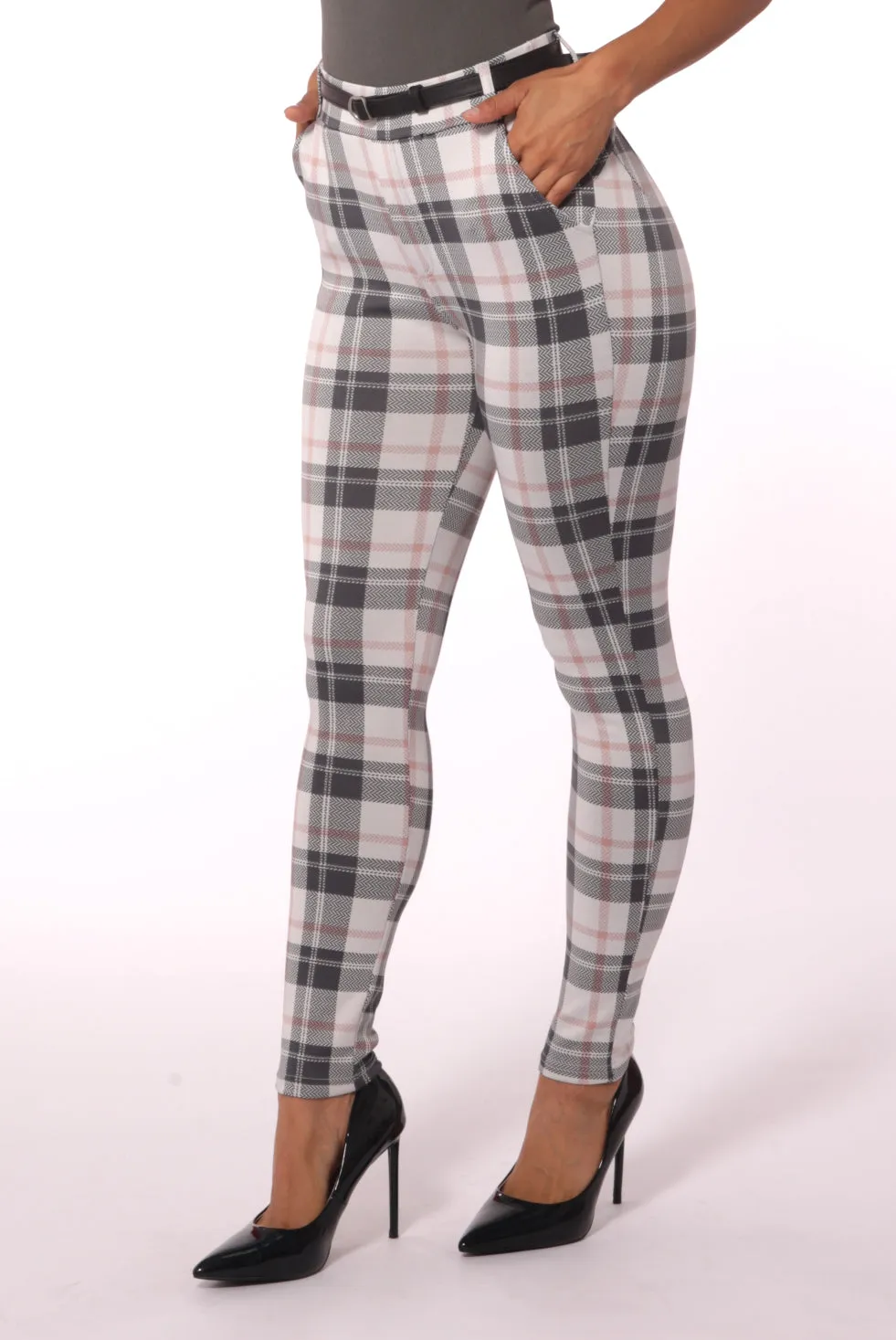 Sculpting Treggings With Faux Leather Belt - White, Sage Plaid