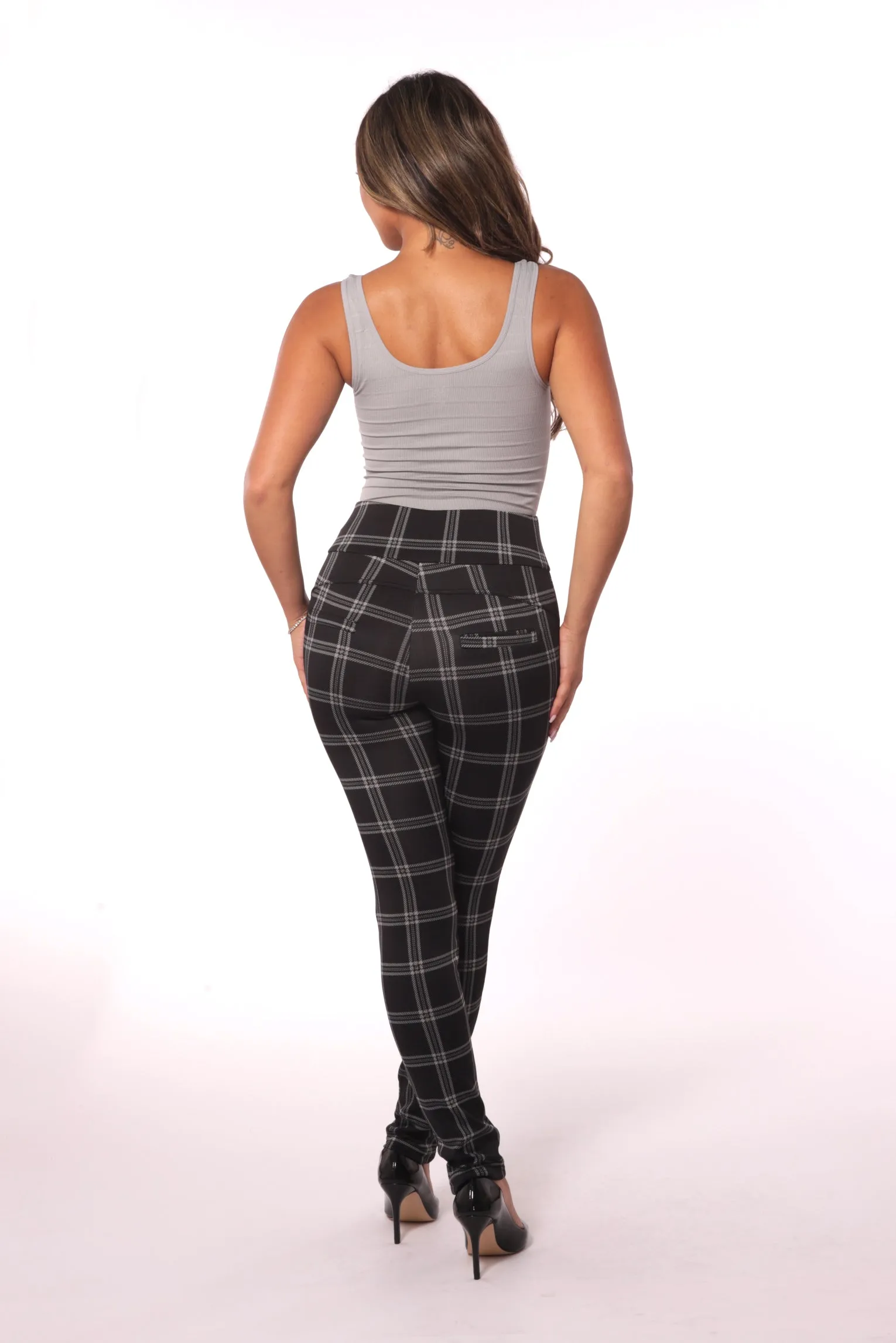 Sculpting Treggings With Waist Button Detail - Black & White Plaid