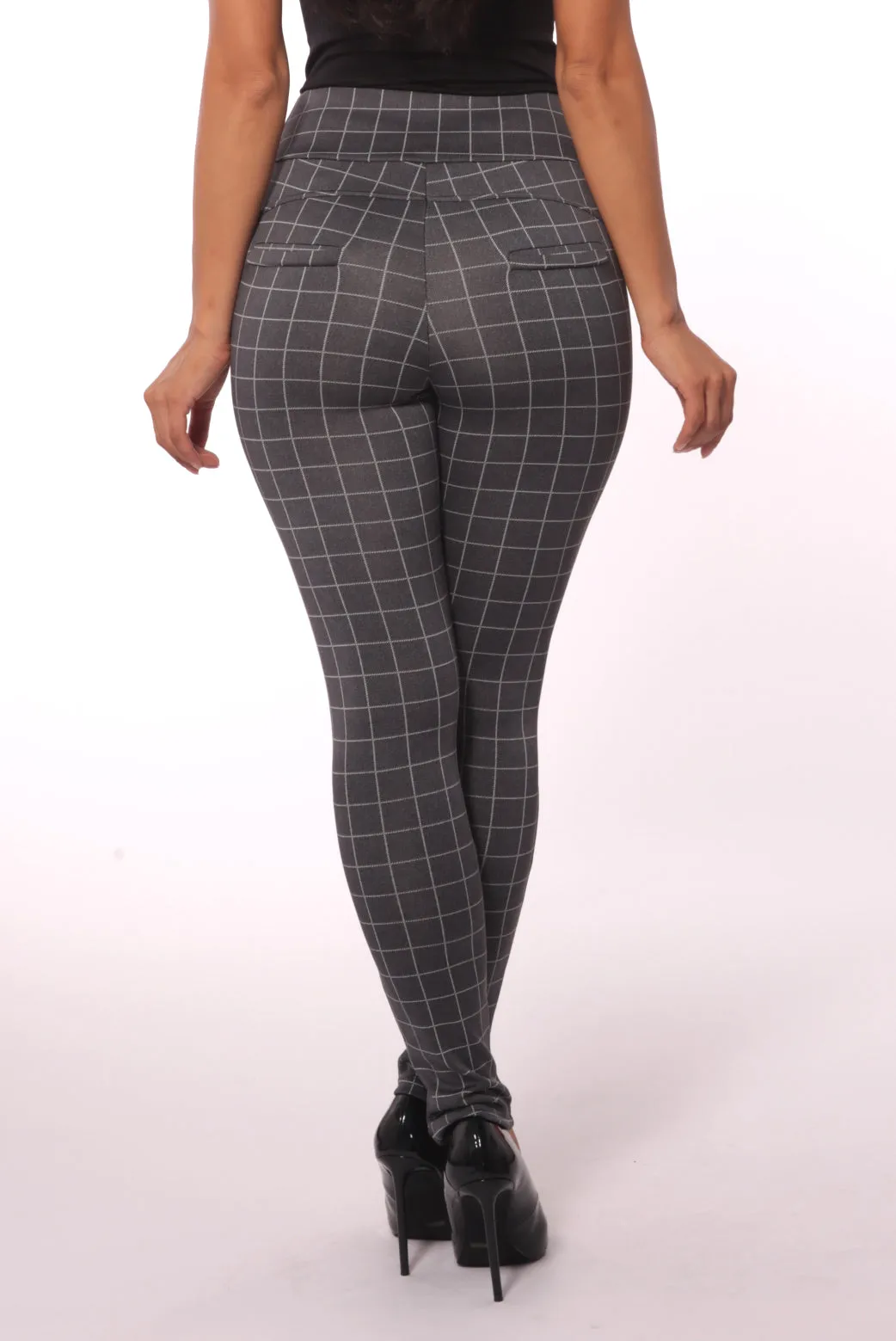 Sculpting Treggings With Waist Button Detail - Gray & White Plaid