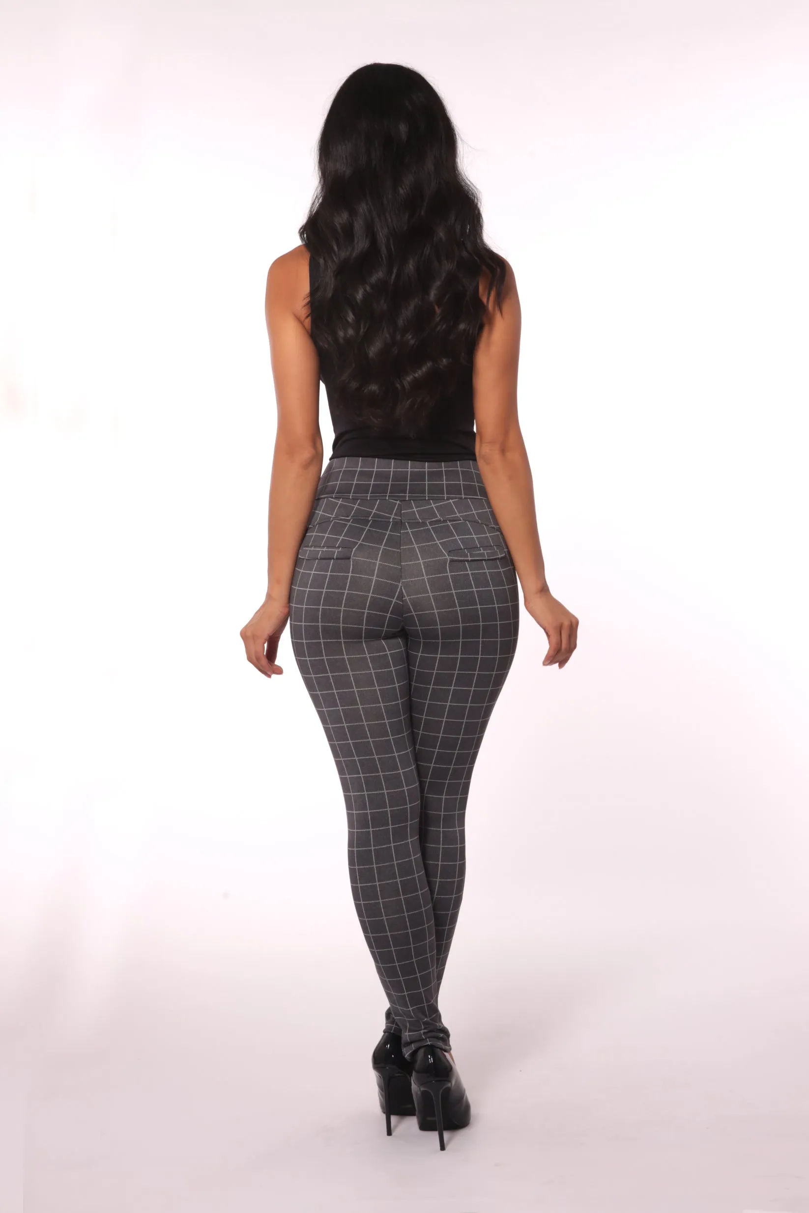 Sculpting Treggings With Waist Button Detail - Gray & White Plaid