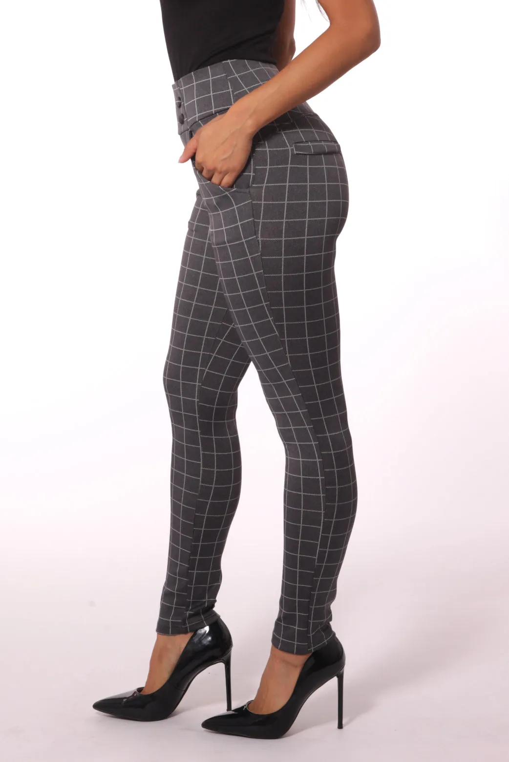 Sculpting Treggings With Waist Button Detail - Gray & White Plaid