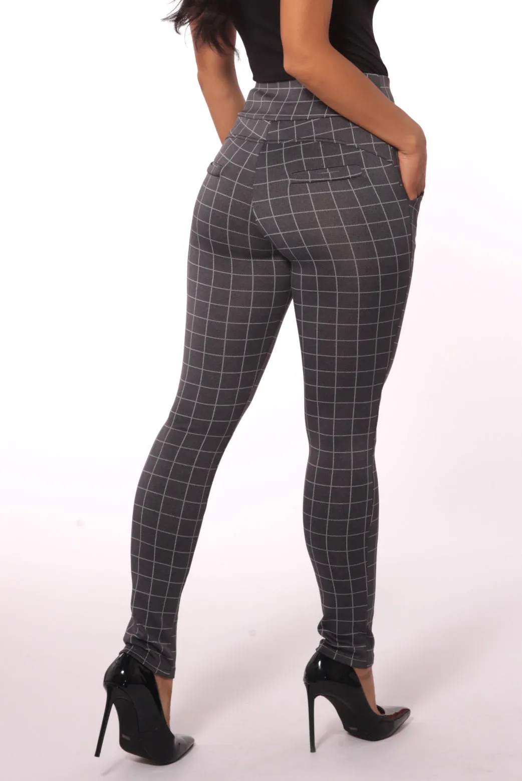 Sculpting Treggings With Waist Button Detail - Gray & White Plaid