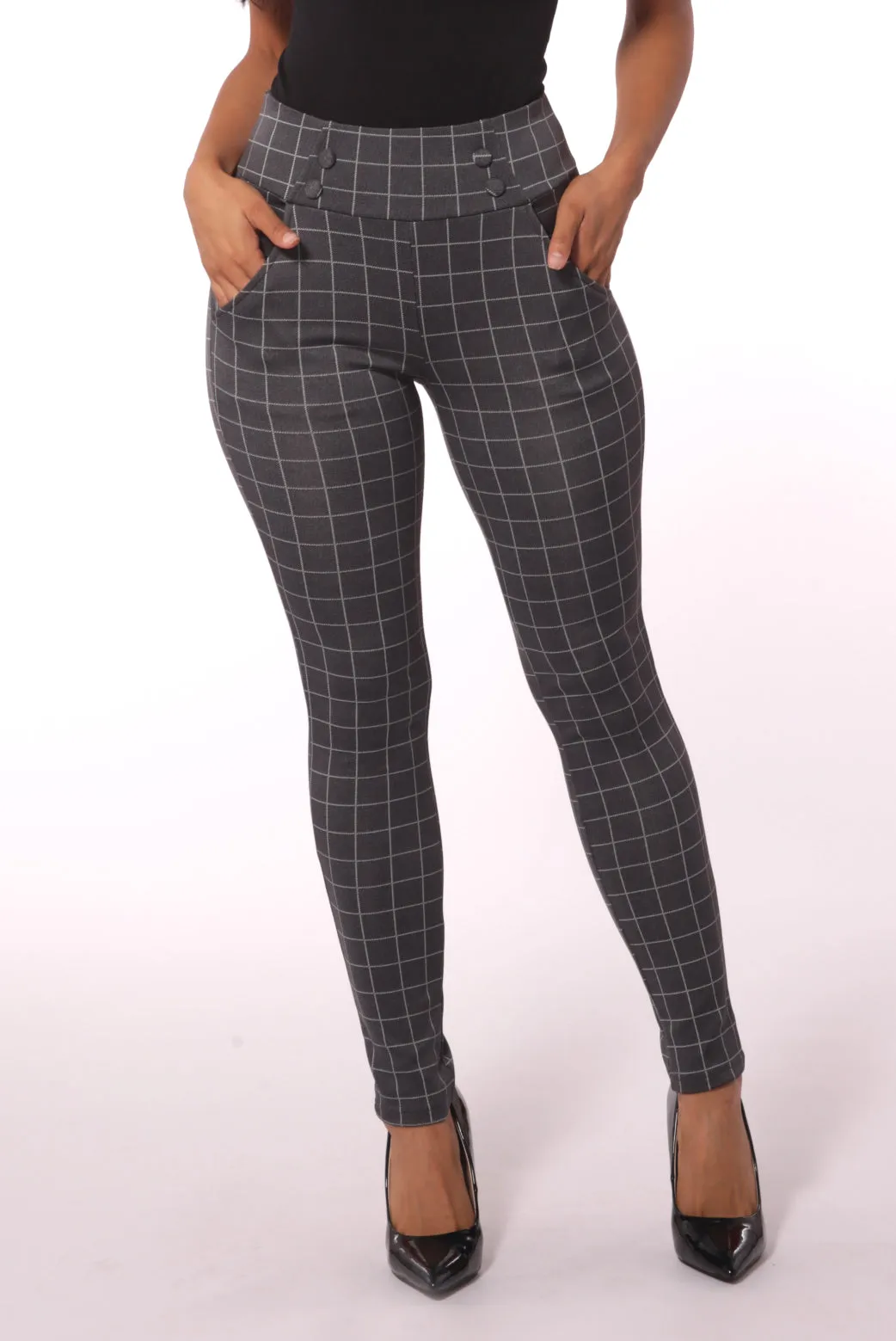 Sculpting Treggings With Waist Button Detail - Gray & White Plaid