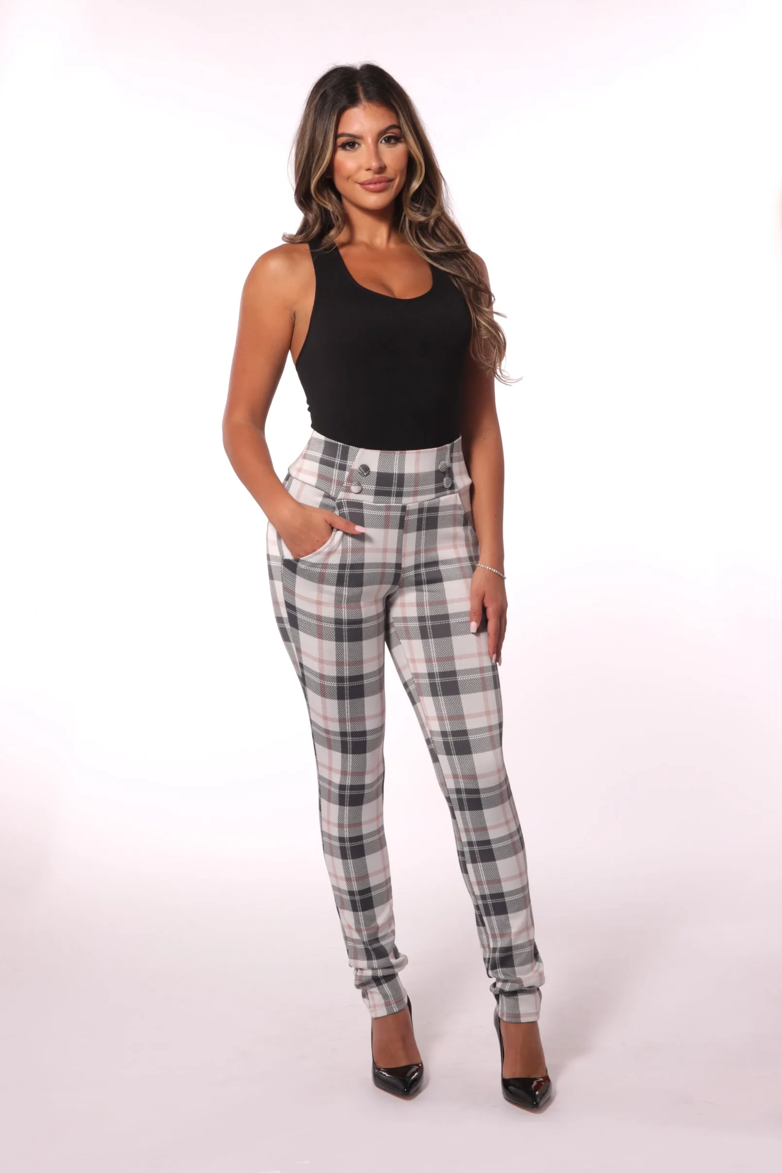 Sculpting Treggings With Waist Button Detail - White & Sage Plaid