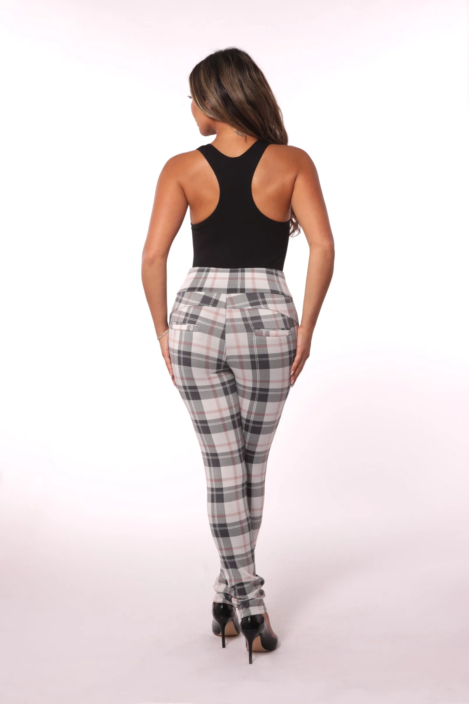 Sculpting Treggings With Waist Button Detail - White & Sage Plaid