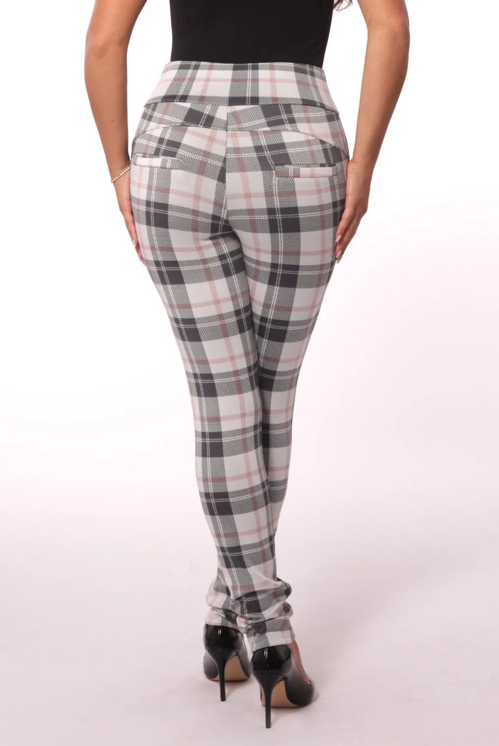 Sculpting Treggings With Waist Button Detail - White & Sage Plaid