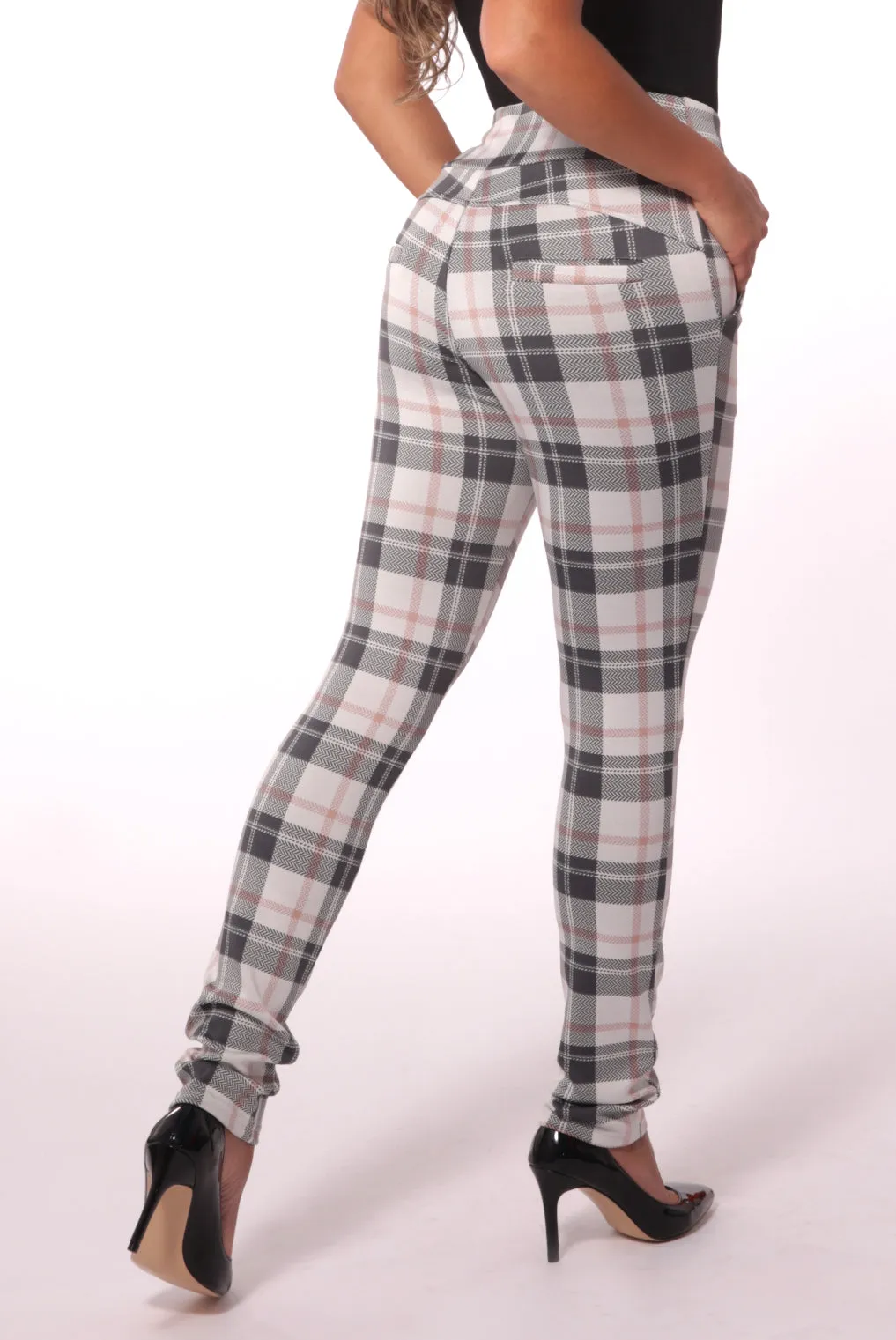 Sculpting Treggings With Waist Button Detail - White & Sage Plaid