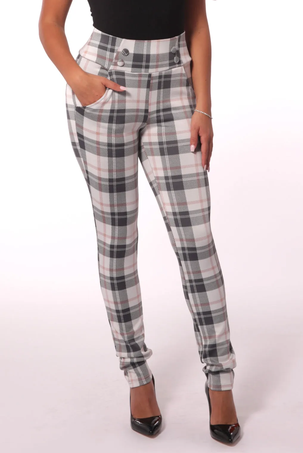 Sculpting Treggings With Waist Button Detail - White & Sage Plaid