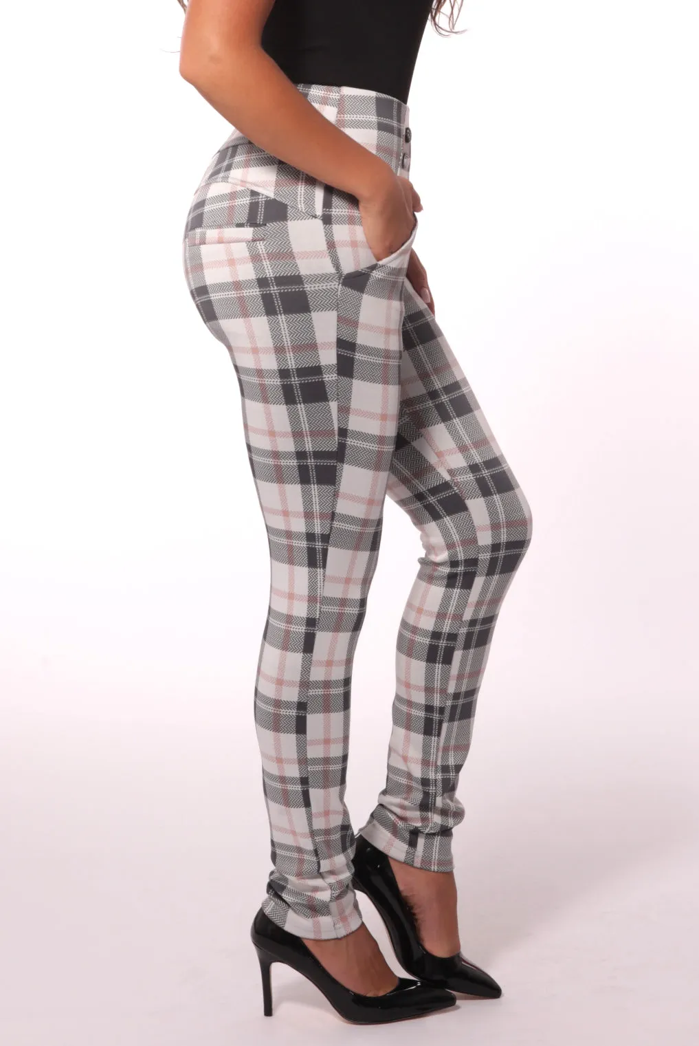 Sculpting Treggings With Waist Button Detail - White & Sage Plaid