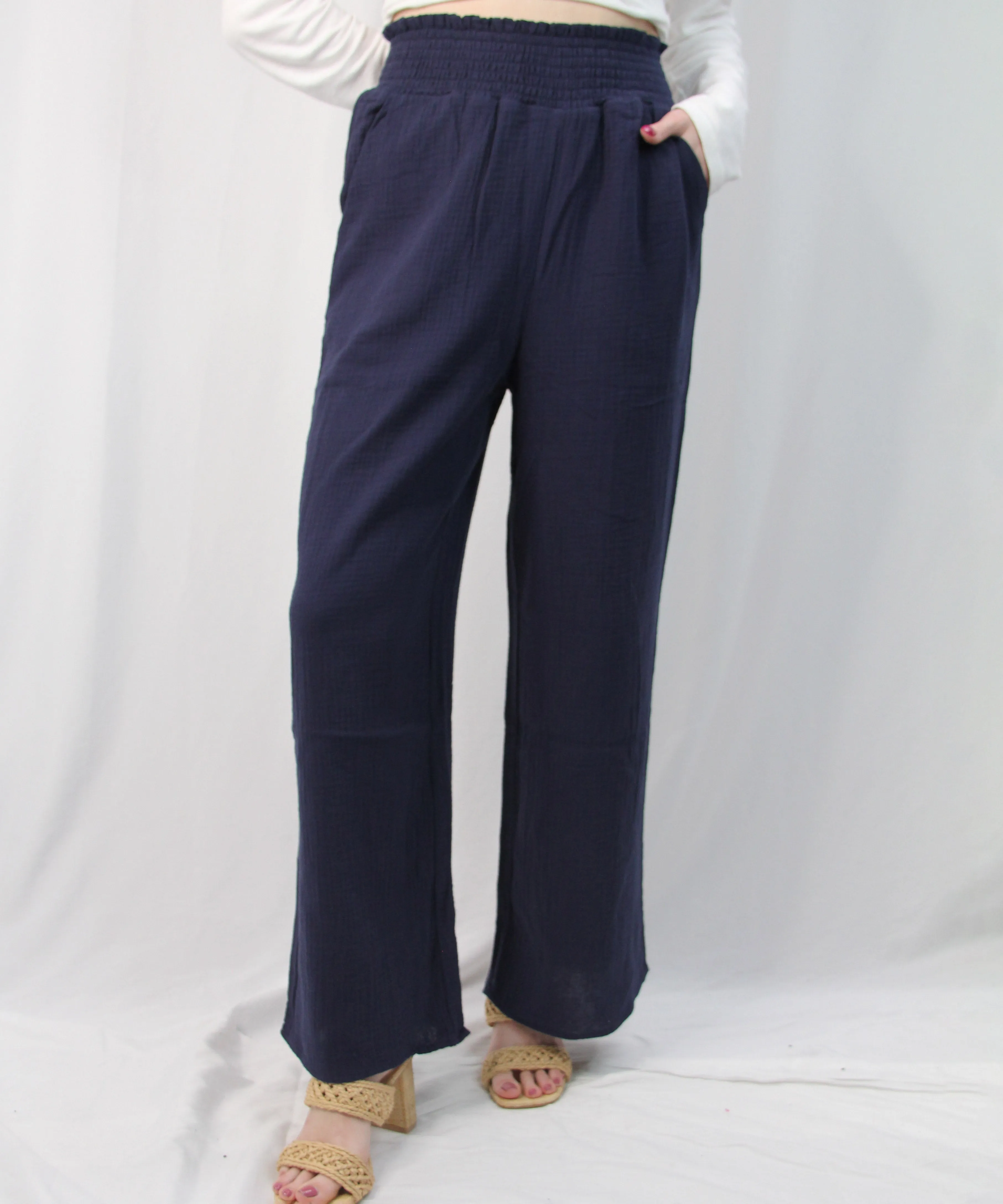 Smocked Waist Wide Leg Pants - Navy