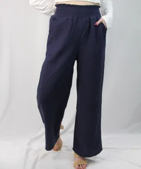 Smocked Waist Wide Leg Pants - Navy