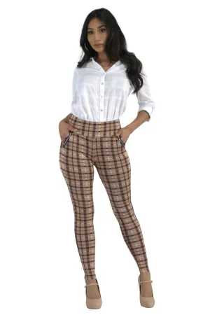 Tregging Skinny Pants With Zipper Pockets - Beige, Brown Plaid