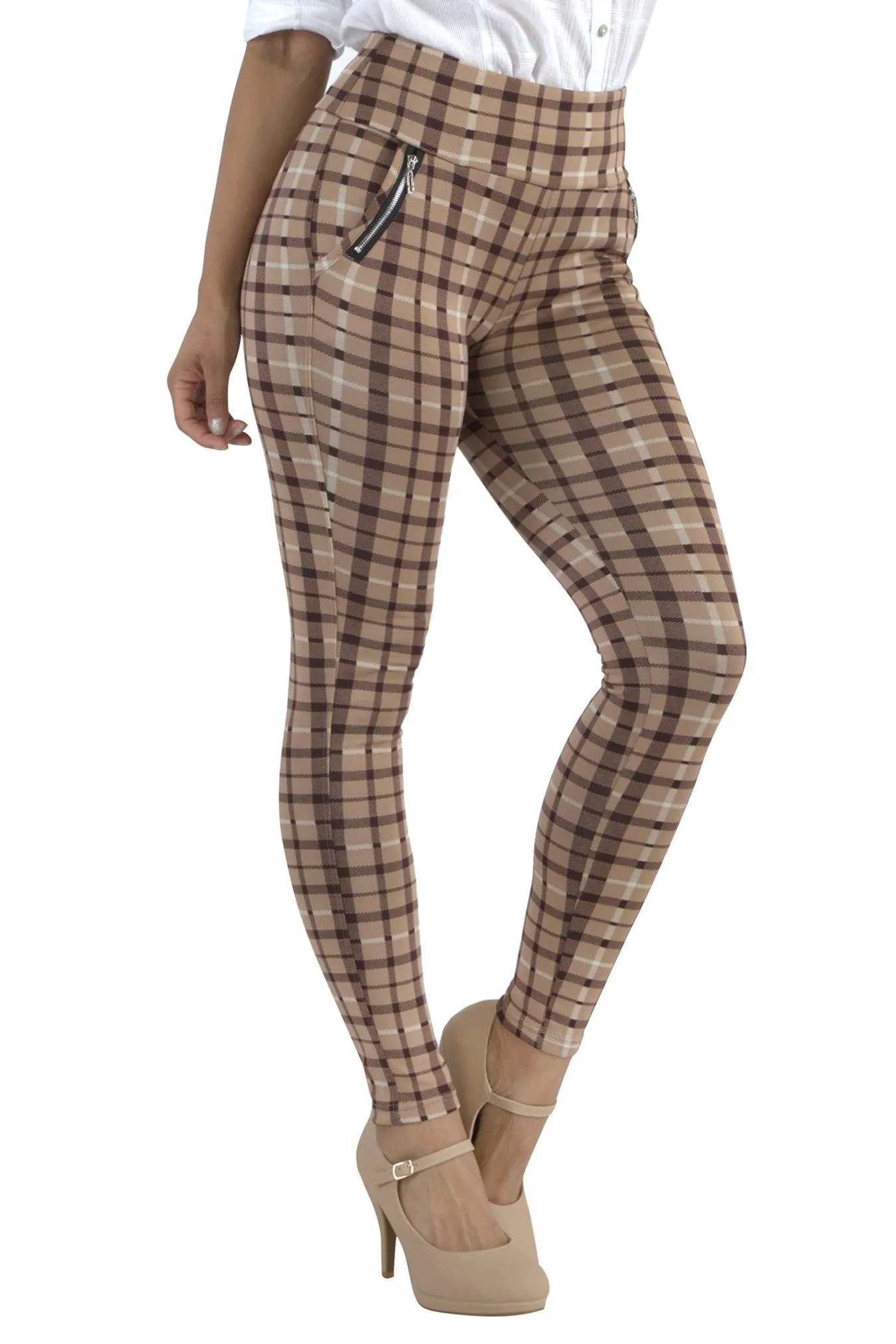 Tregging Skinny Pants With Zipper Pockets - Beige, Brown Plaid