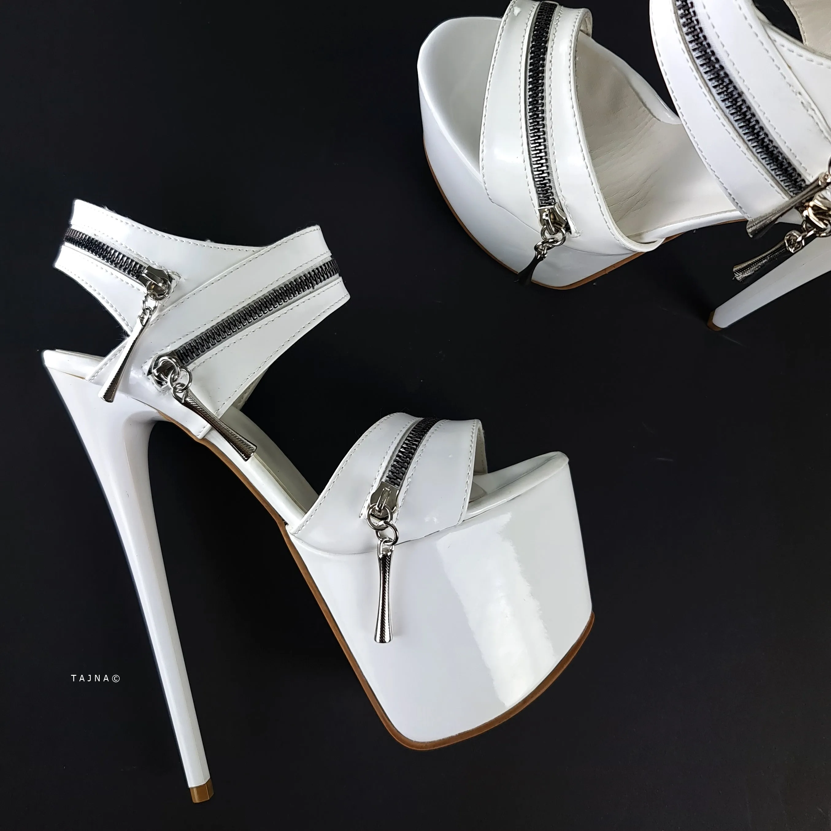 White Gloss Zip Detailed High Heel Sandals