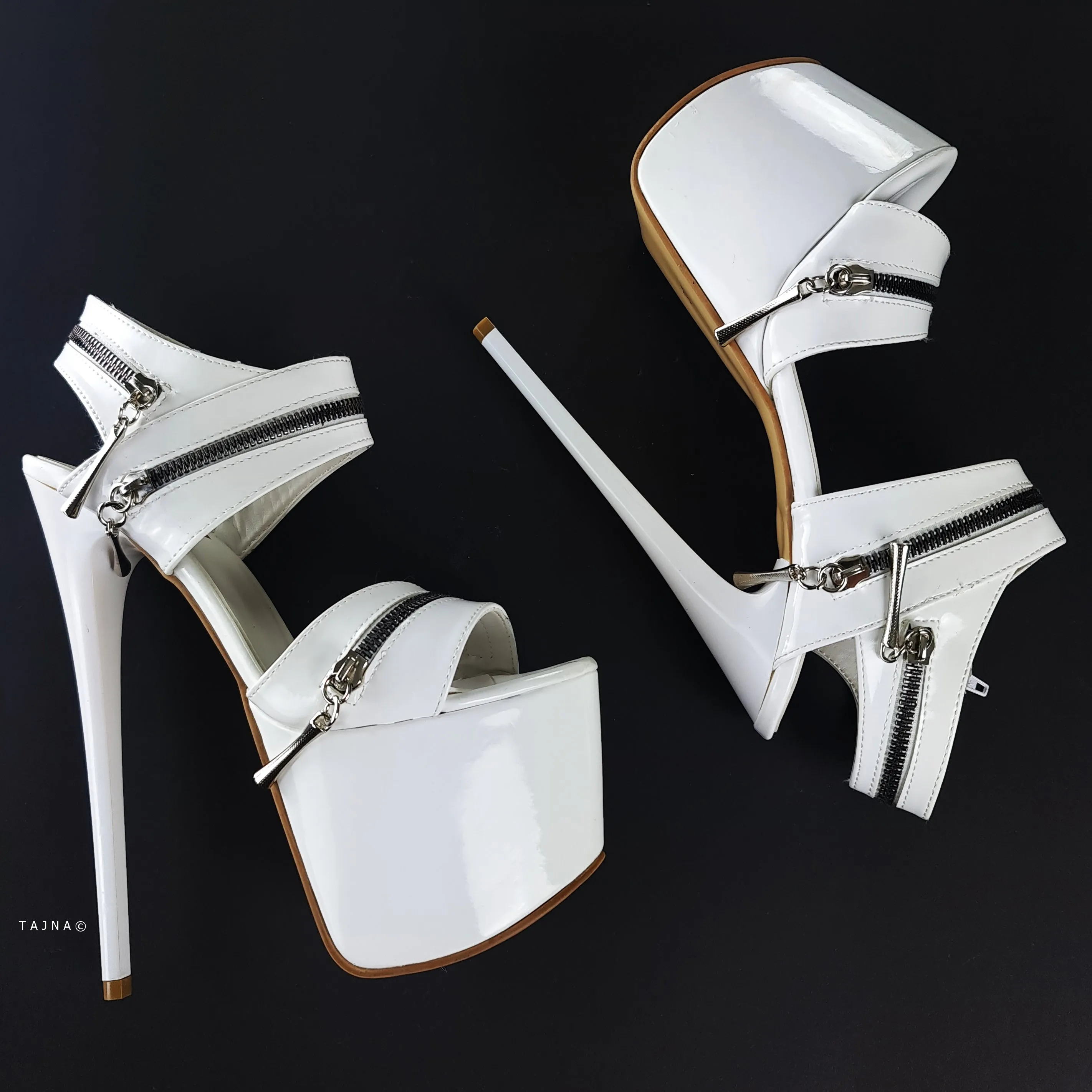 White Gloss Zip Detailed High Heel Sandals