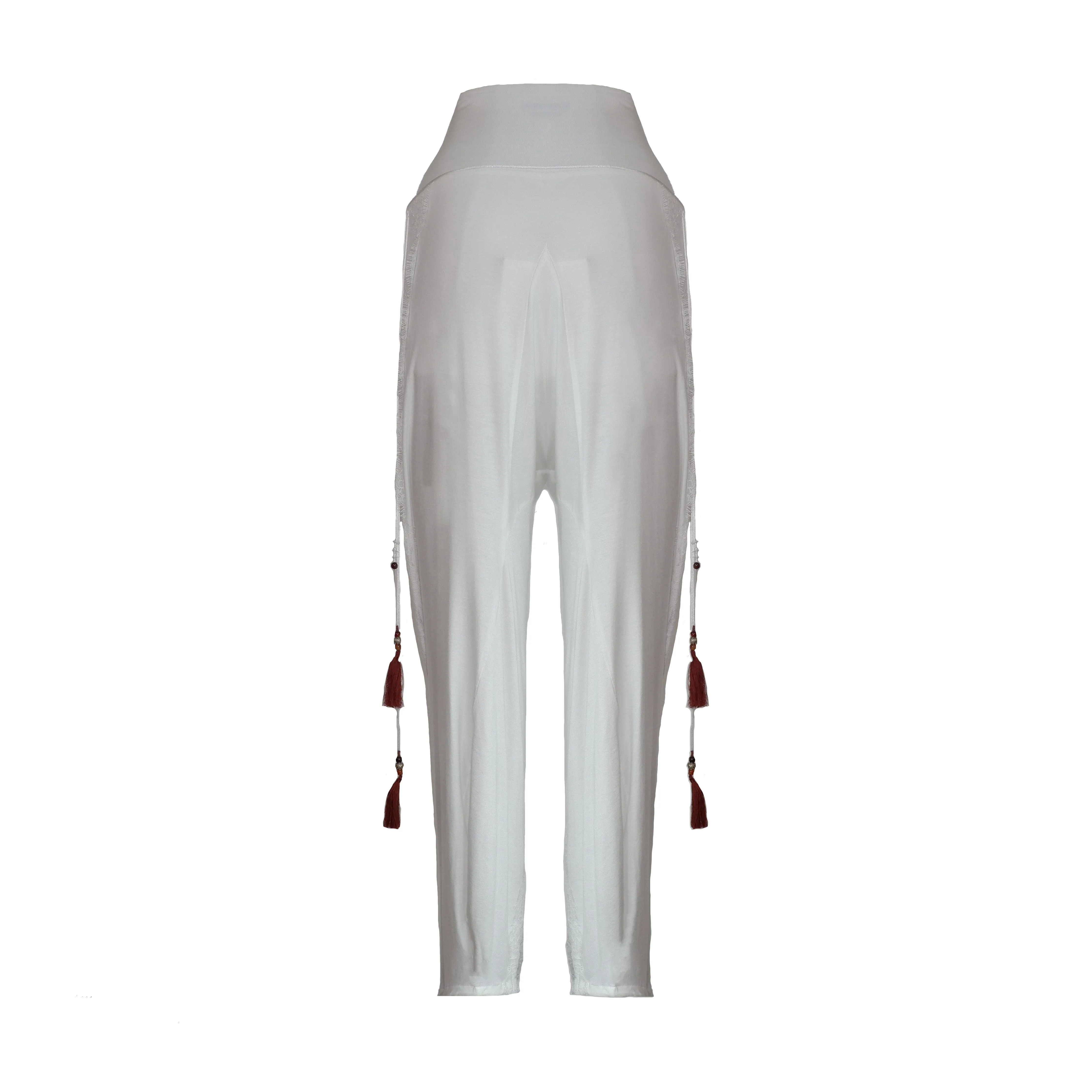 White Modal Soft Jersey Pant with Lace Seam Detail