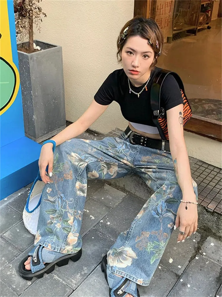 Y2K Baggy Pants With Floral Pattern